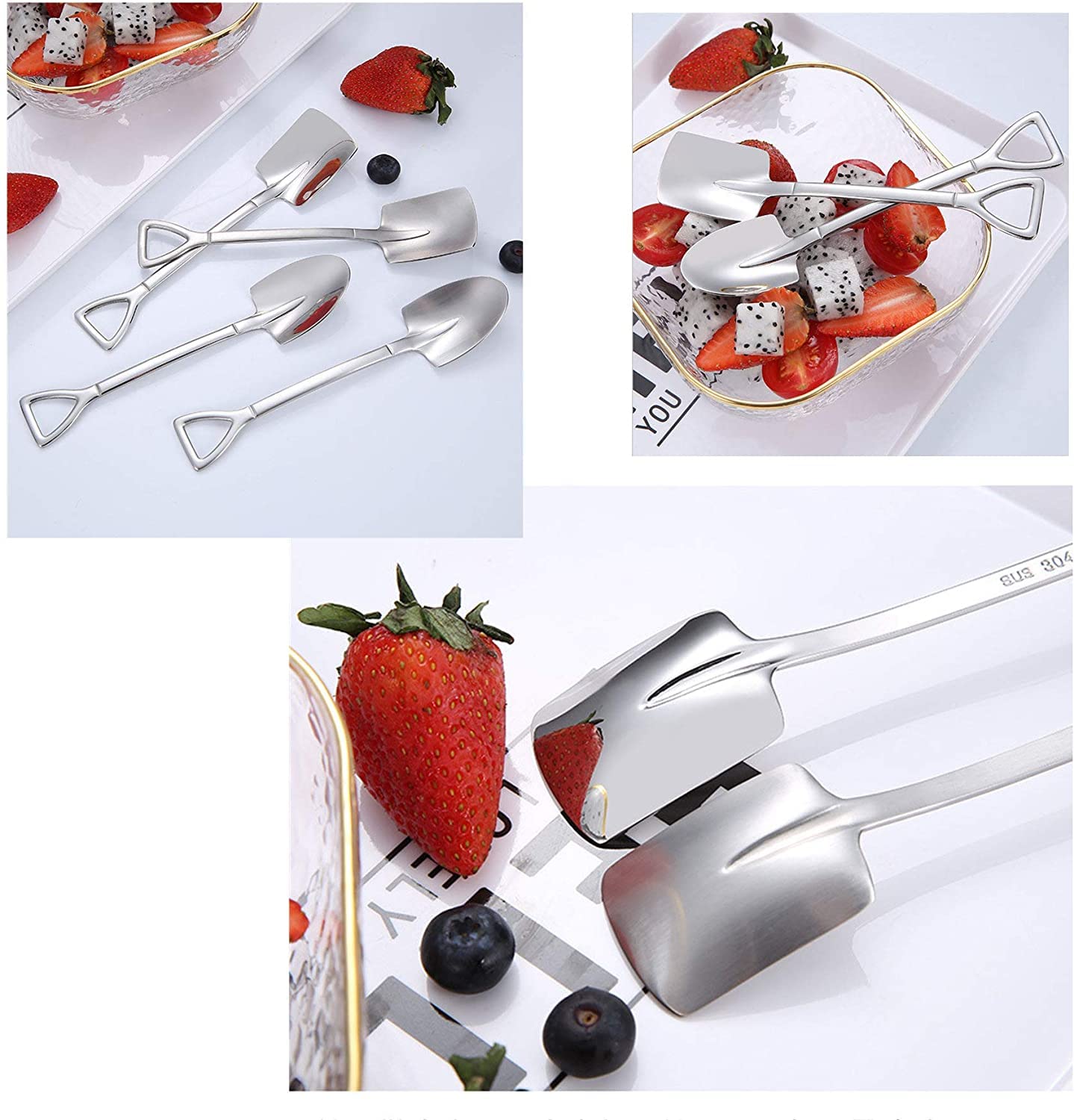 Dessert Spoon Set, 4 Pcs 6'' Stainless Steel Spoons, Ice Cream Fruit Spoon For Home, Kitchen Or Restaurant (Silver Square Point