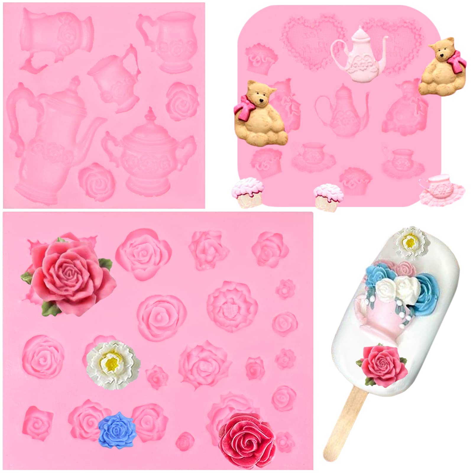 Tea Party Cake Silicone Mold 3 Pcs, Teapot Tea Cup Fondant Molds Rose Flower Chocolate Molds For Cupcake Topper, Cake Decoration