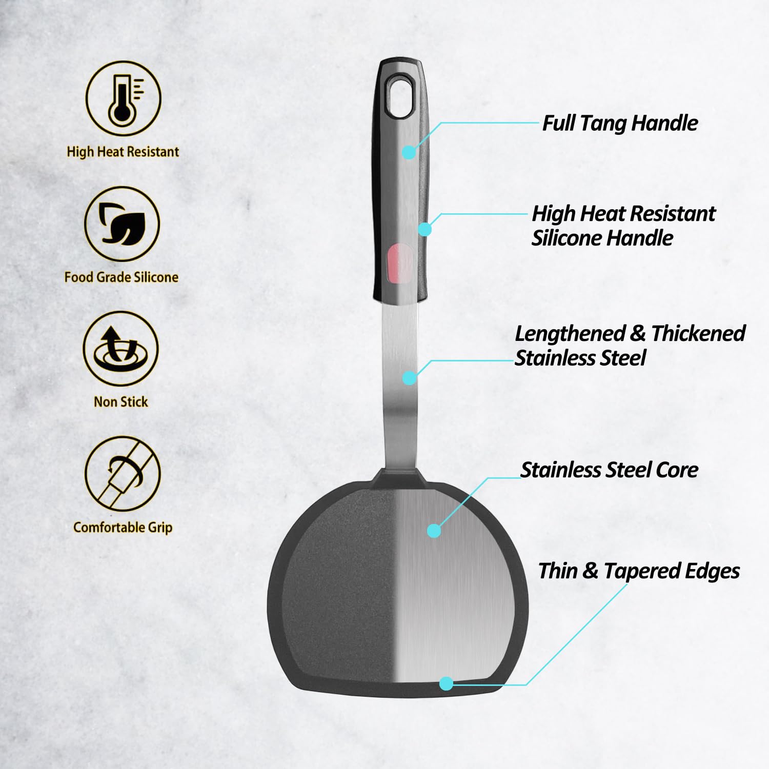 Silicone Pancake Spatula Turner With Lengthened Handle, Heat Resistant Cooking Spatulas For Nonstick Cookware, Large Flexible Ki