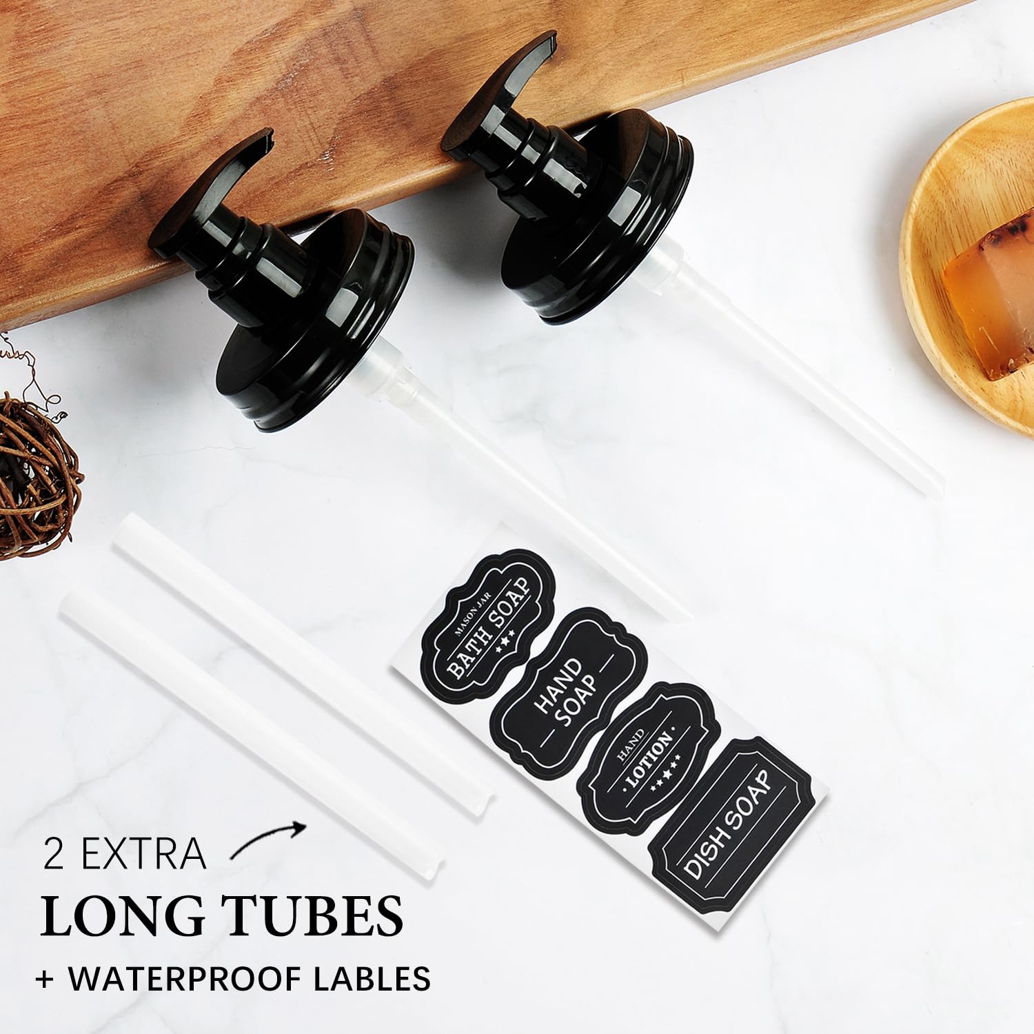 Amolliar Plastic Mason Jar Soap Dispenser Lids(2) - Universal Pump Replacement For Regular Mouth Jar - Long Tubes & Cute Lables
