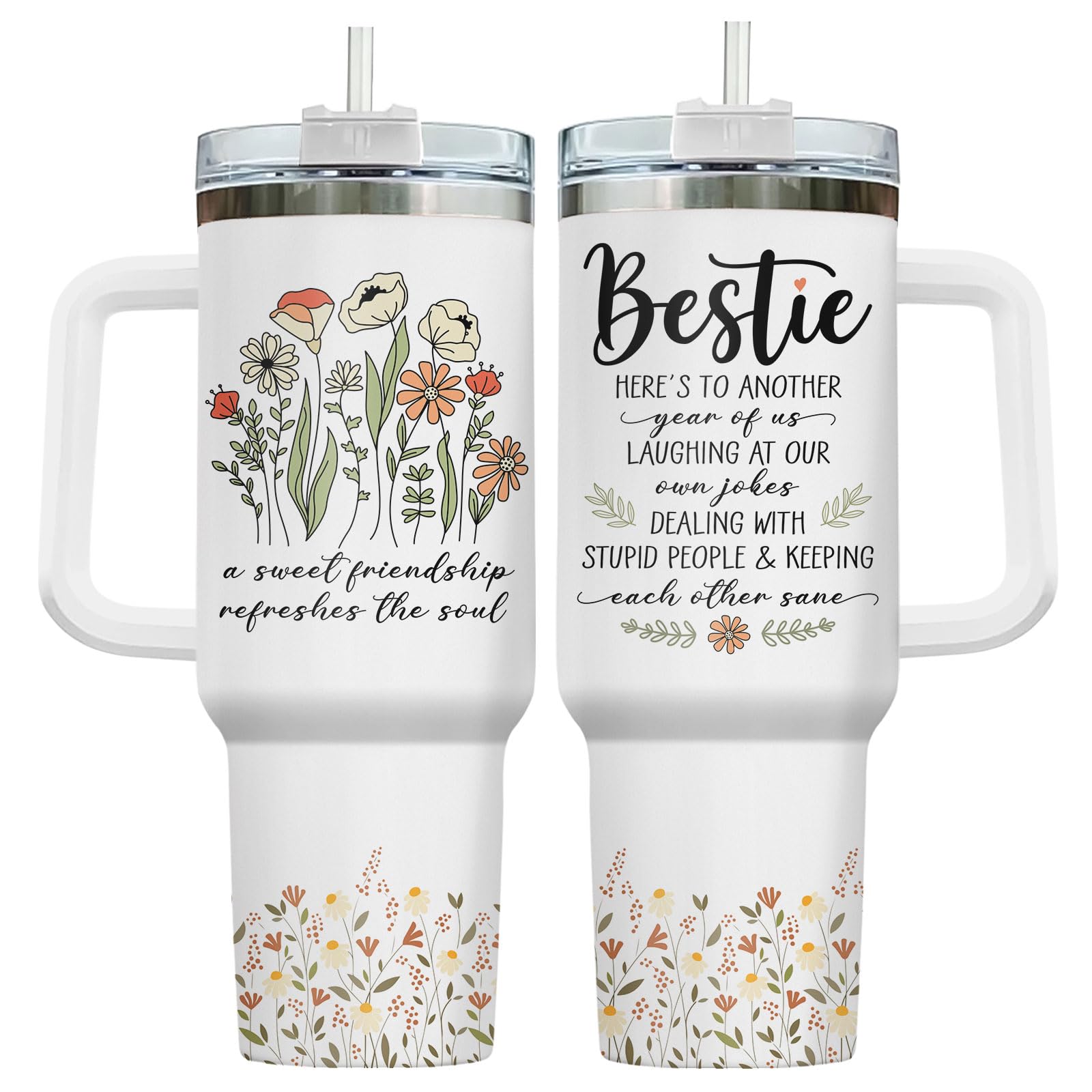 34HD Floral Bestie Tumbler 40oz with Handle Lid and Straw, Sweet Friendship Refreshes the Soul Gift, Wildflower Aesthetic Design