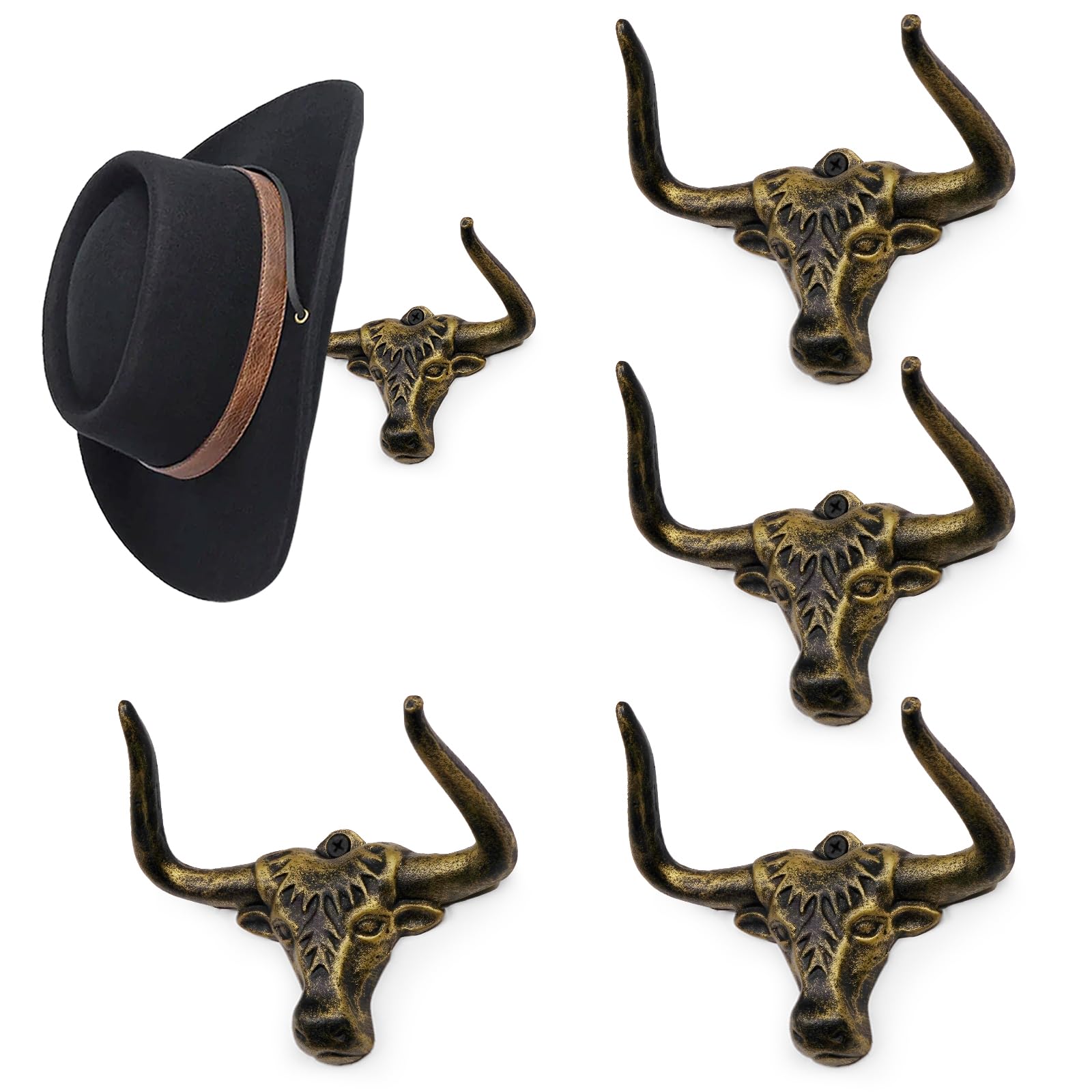 Filano Cowboy Hat Rack For Wall 4 Pack Modern Metal Cowboy Hat Holder Cast Iron Hat Hanger Western Longhorn Hooks Storage And Di