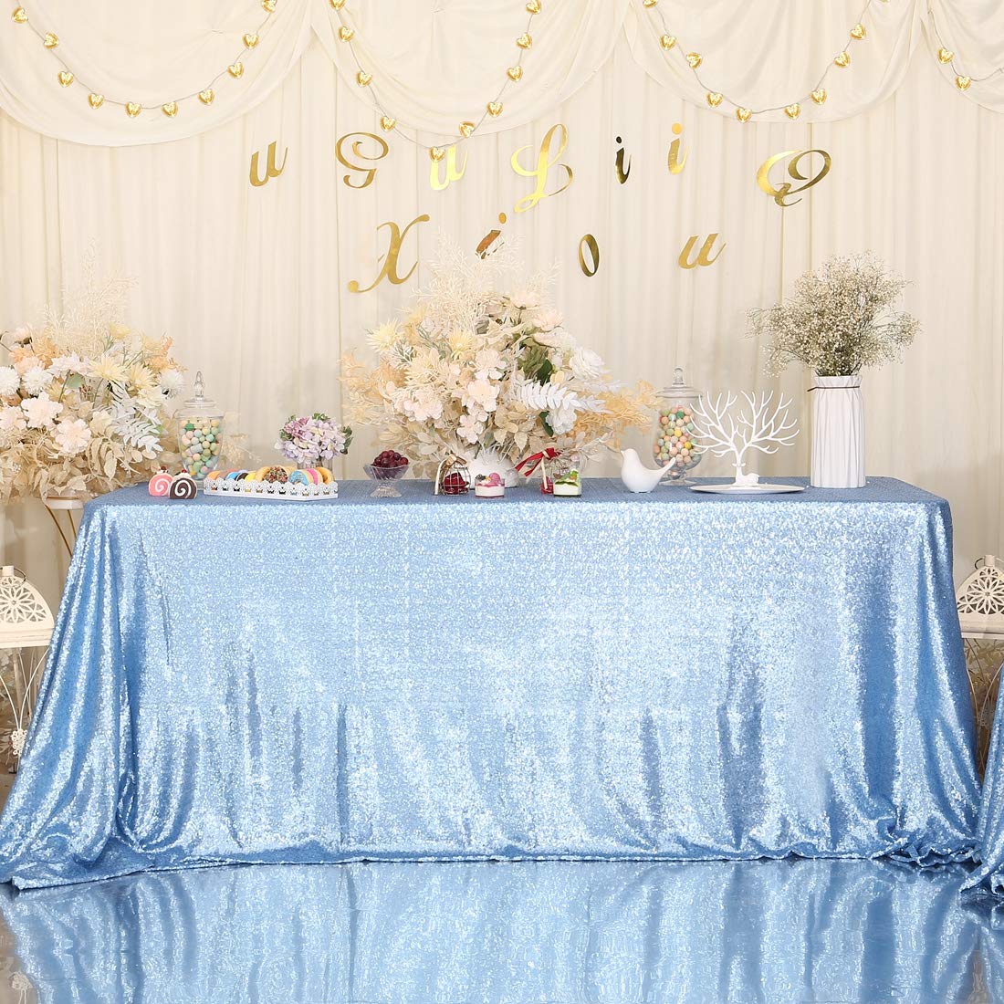 Eternal Beauty Baby Blue Sequin Tablecloth 60 x 102-Inch Sparkly Overlay Rectangle Glitter Table Cover for Wedding Party Birthda