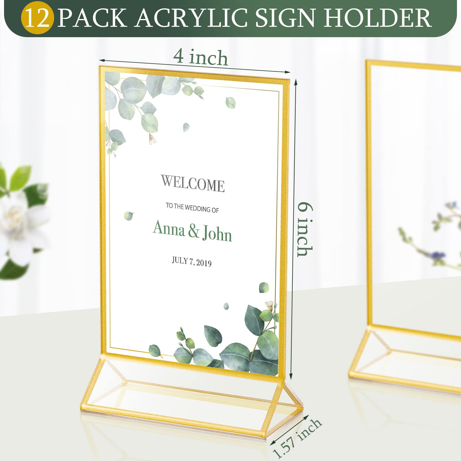 12 Pieces Gold Frames Clear Acrylic Sign Holder Double Sided Menu Display Stand With Gold Borders 2Mm Table Number Holder For We