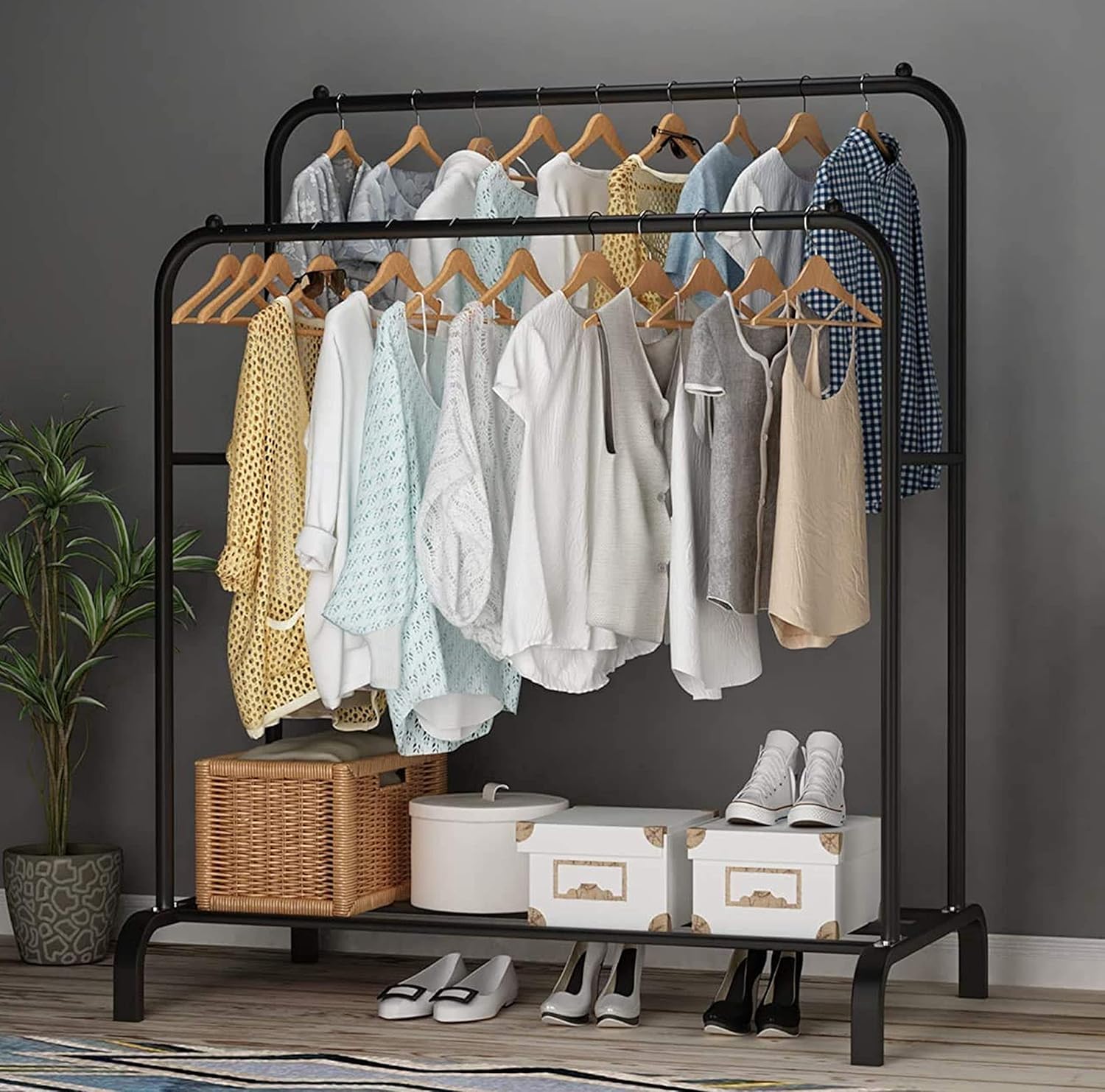 Lukzer 1Pc Metal Garment Rack Multipurpose Clothes Rack With Bottom Shelf/Coat Jacket Hanger For Home Bedroom Storage Organizer 