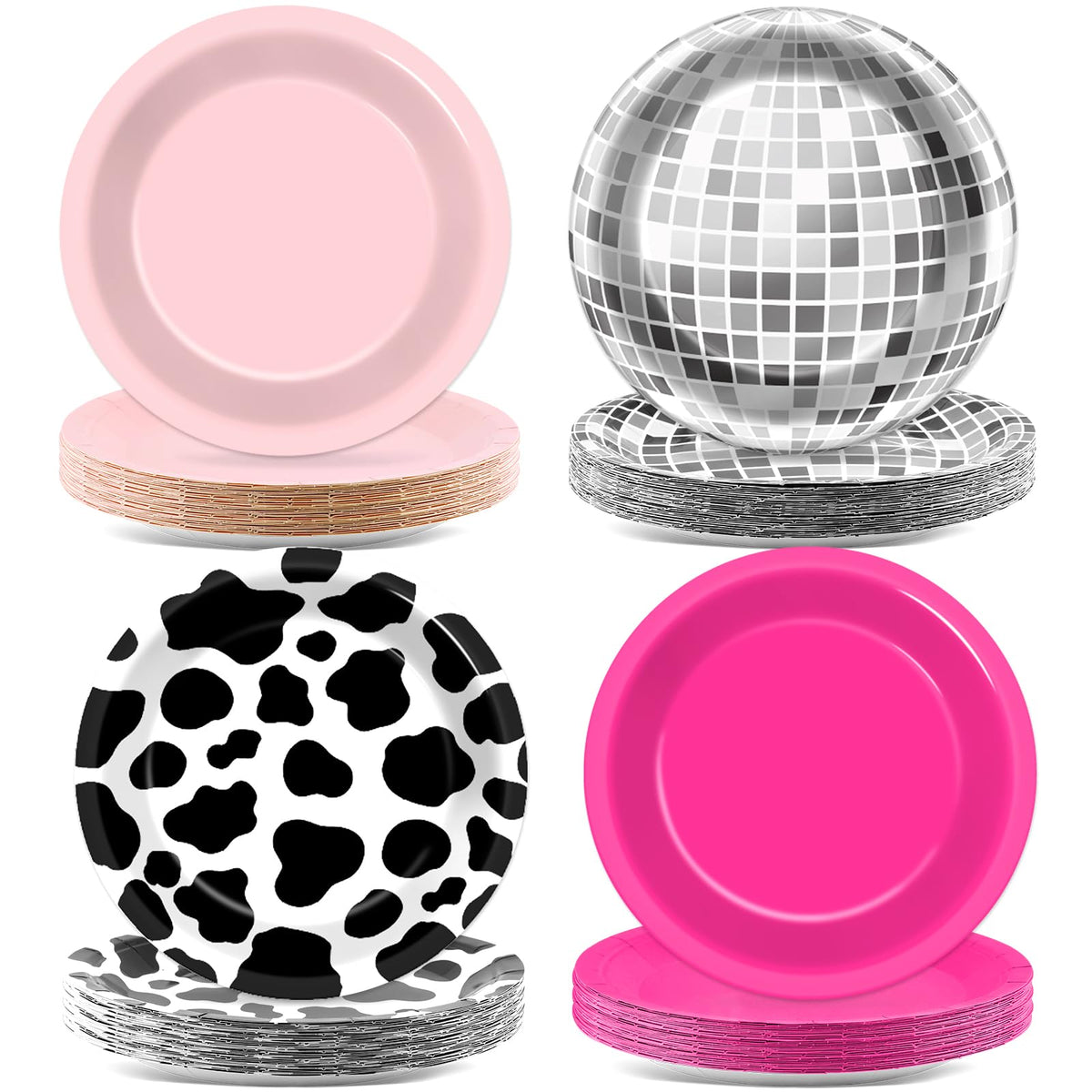 48Pcs Western Cowgirl Party Paper Plates For Cow Print Themed Party Supplies 7'' Hot Pink Disco Ball Disposable Dessert Plates F