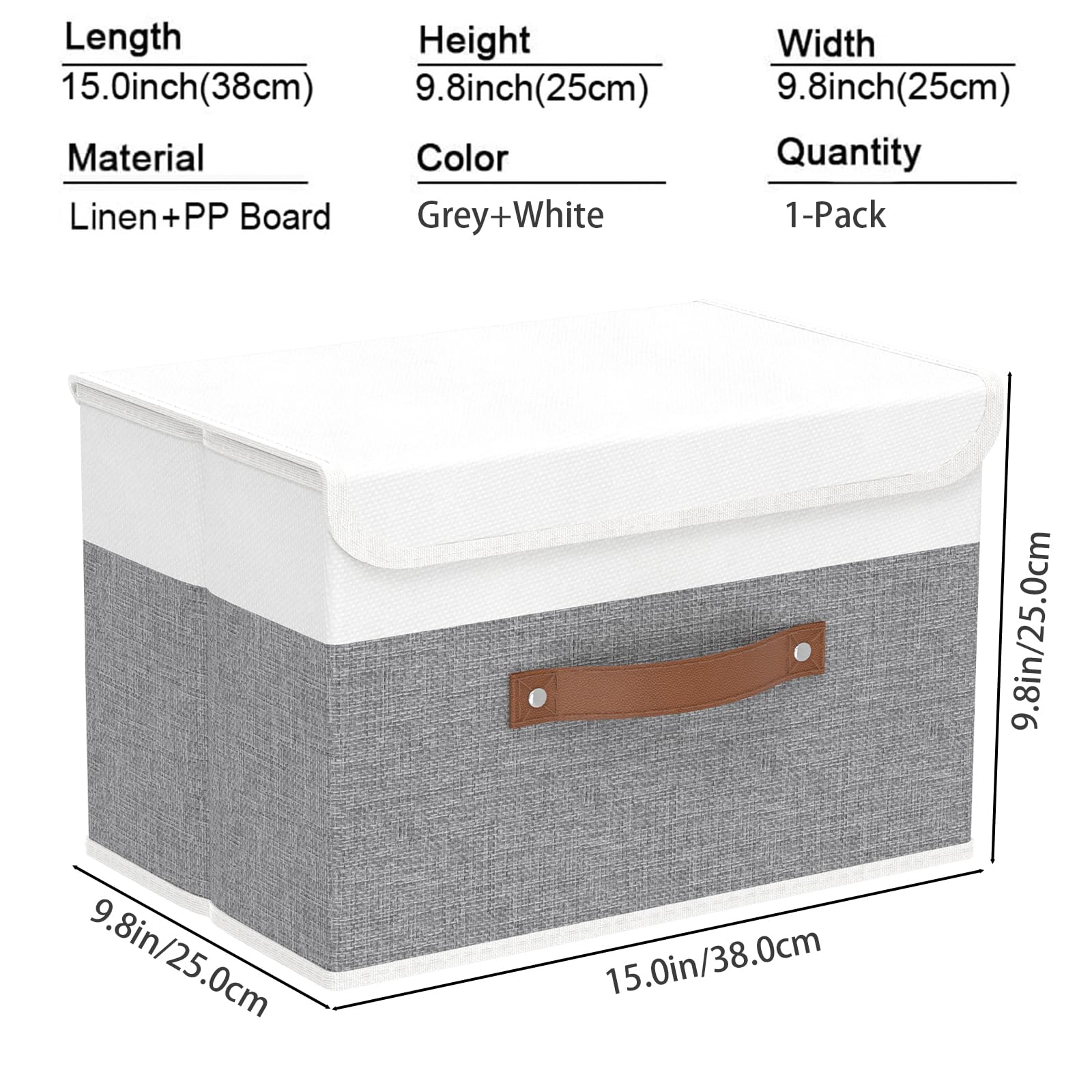 Yawinhe Collapsible Storage Boxes 1 Pack  Linen Fabric Storage Baskets Washable  with Lids and Leather Handle  for Home Bedroom Closet Office  (White/Grey  15.0x9.8x9.8in)  USNK024WGL-1