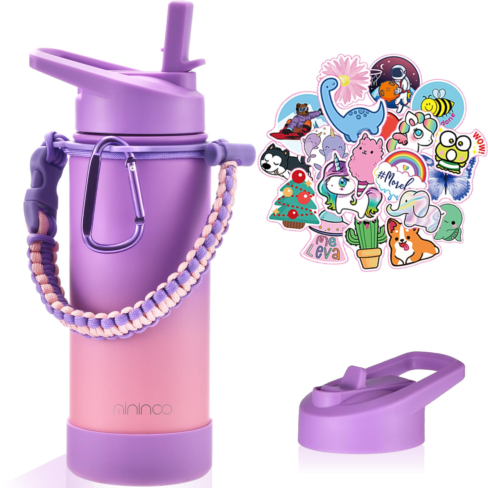 Mininoo Insulated Kids Water Bottle, 16Oz Stainless Steel Water Bottle Kids With Paracord Handle For Girls, Boys(Purple/Pink)