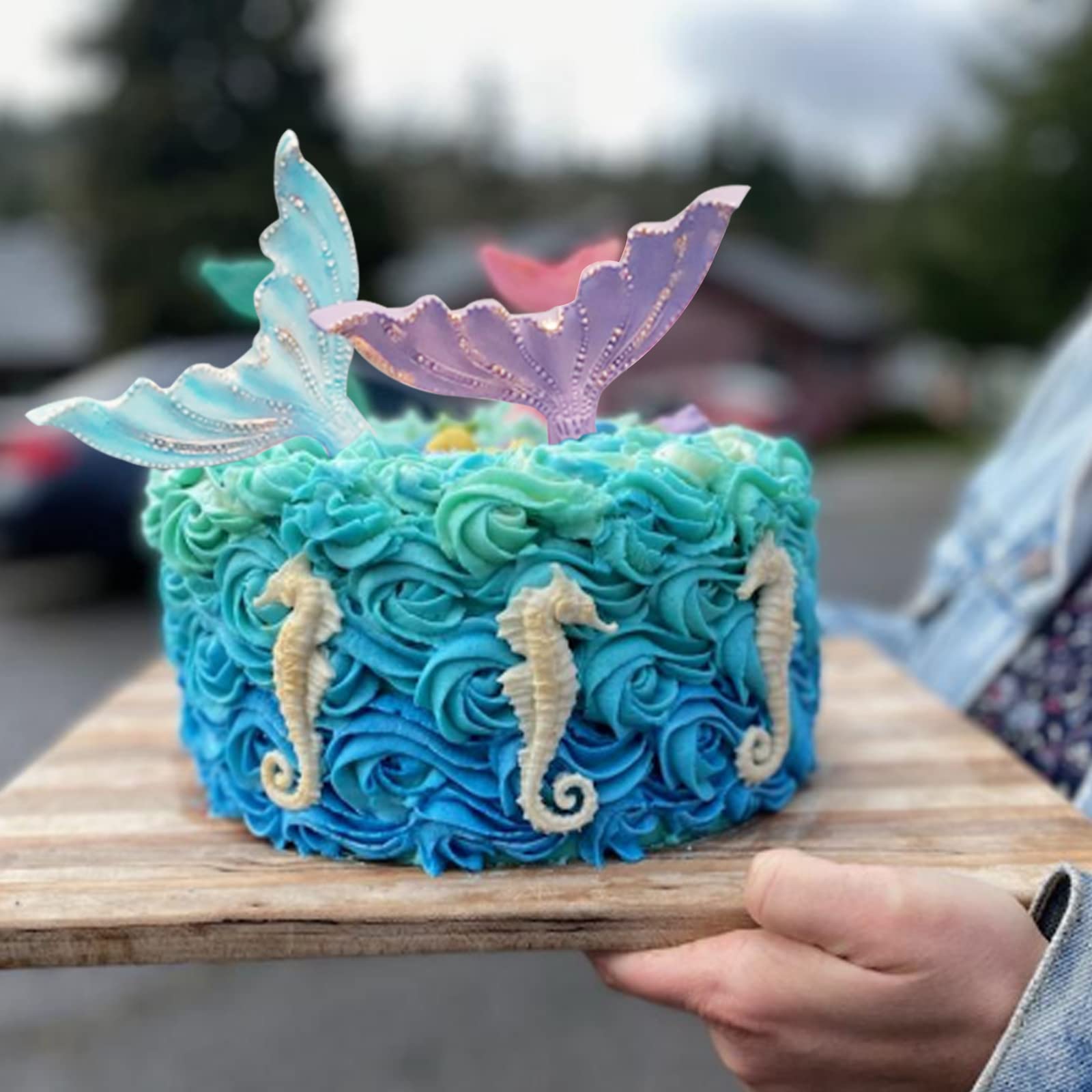 Beasea Mermaid Cake Fondant Mold, 3 Pcs Seahorse Seashell Starfish Mermaid Tail Silicone Mold Chocolate Shells Baking Molds For