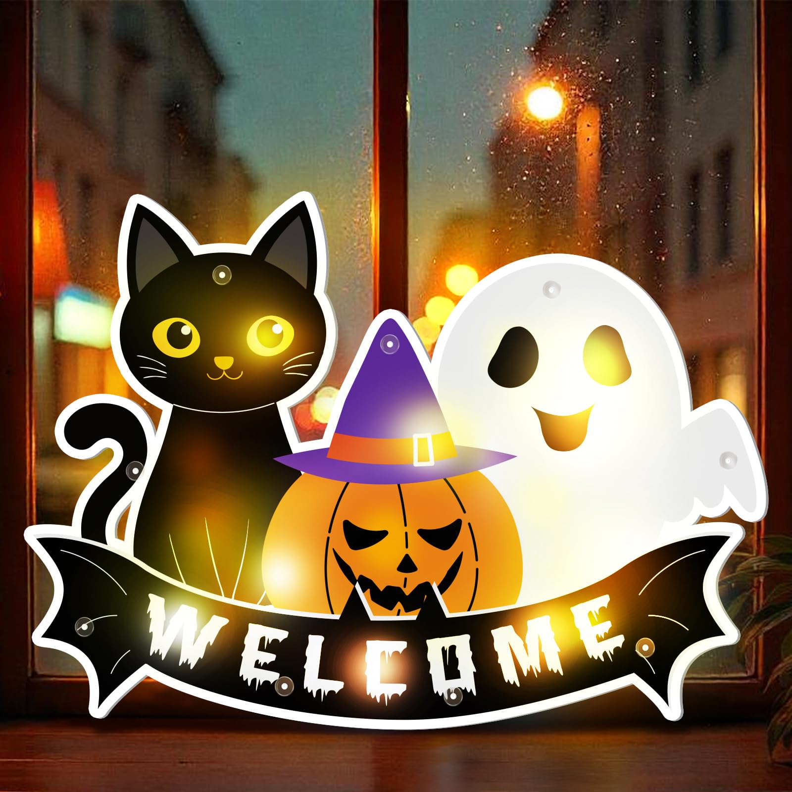 Wonderjune Welcome Halloween Door Decorations with Lights up Plastic Hanging Window Front Door Wreath Battery Powered Welcome Bl