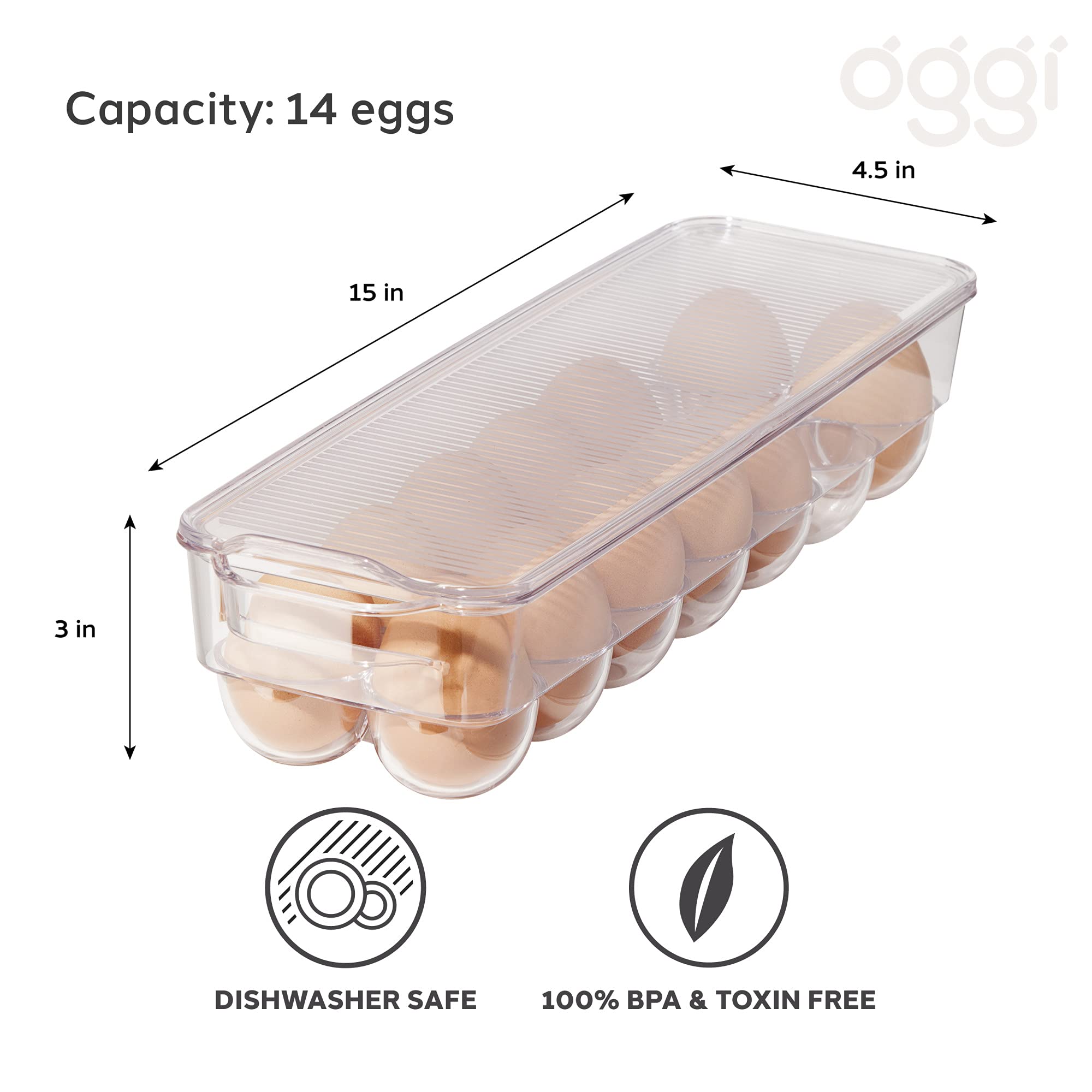 Oggi Stackable Covered Egg Holder - Kitchen Organization, Fridge Organizer, Food Storage, Clear Stackable Storage Bins, 14 Egg T