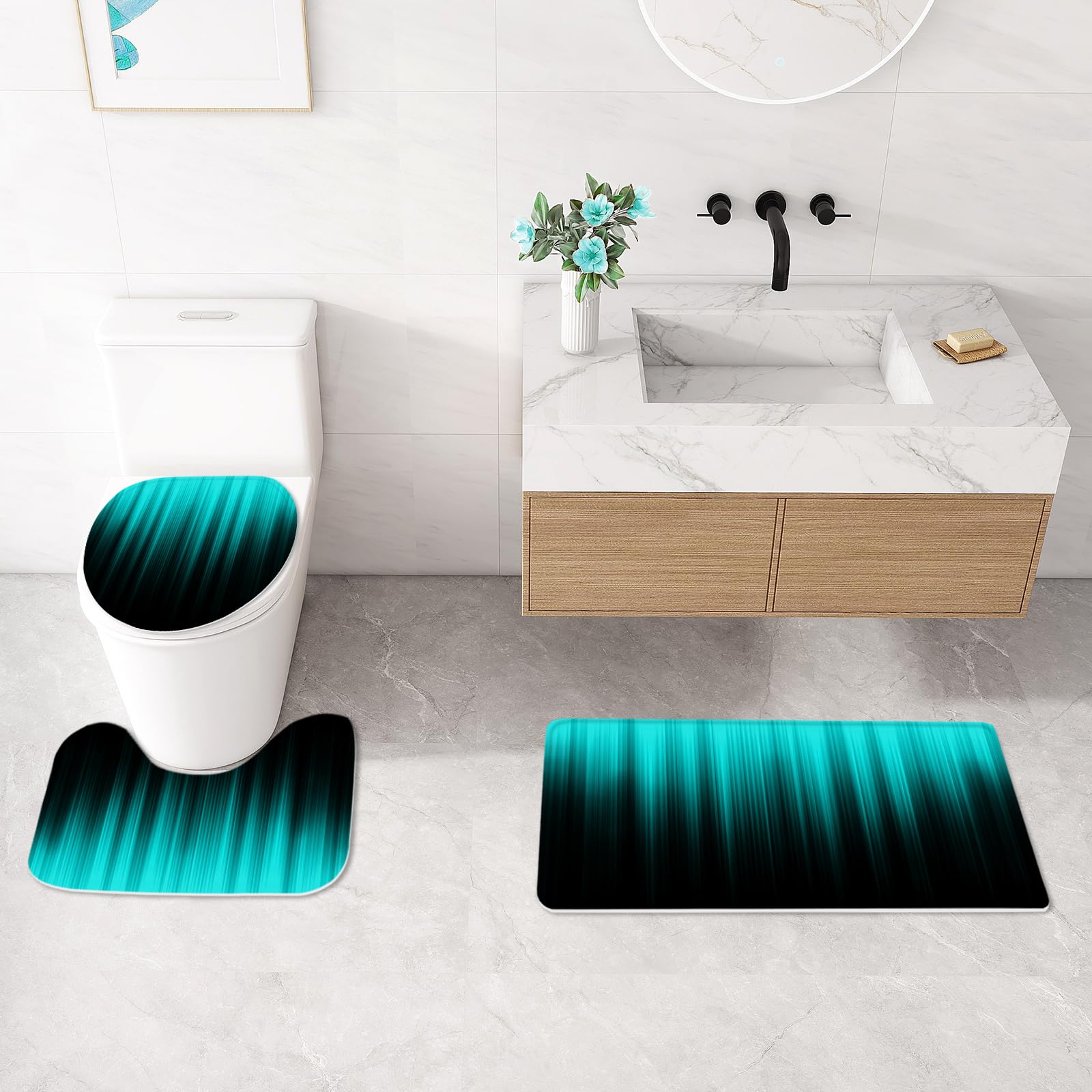 Litabel 4 Pcs Teal And Black Gradient Shower Curtain Set With Rugs And Toilet Lid Cover, Modern Simple Waterproof Fabric Bathroo