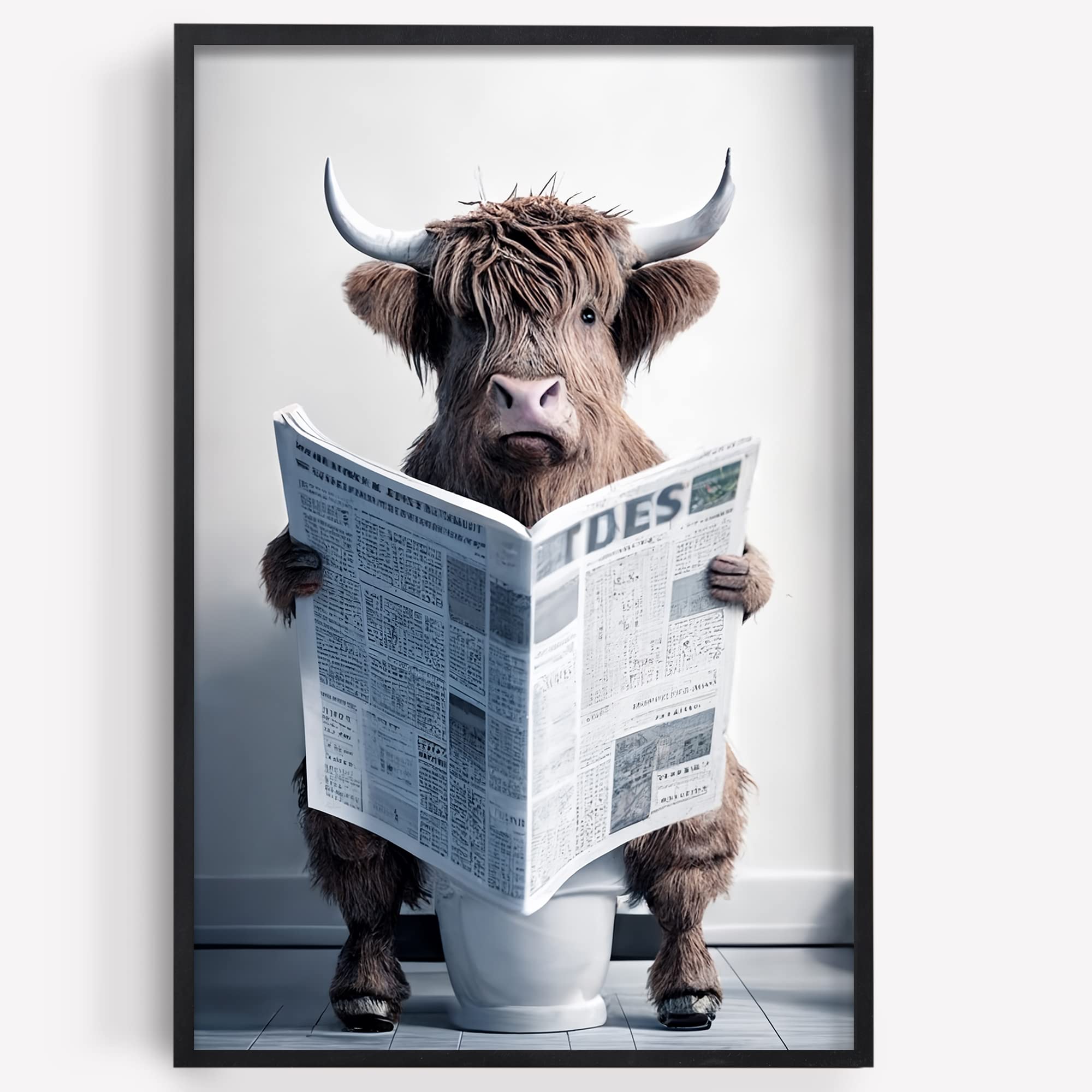 Funny Highland Cow Wall Art Canvas Bathroom Picture, Humor Animals Bathroom Artwork Prints, Rustic Farmhouse Wall Decor For Livi