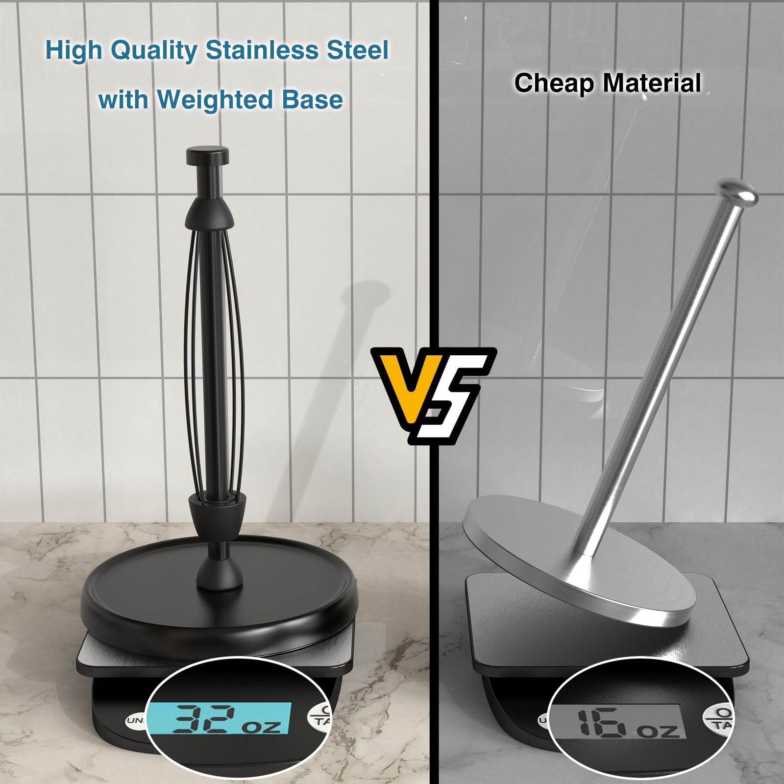 Swaitee Stainless Steel Paper Towel Holder - One-Handed Tear, Weighted Base, Black, Model ACZN01B