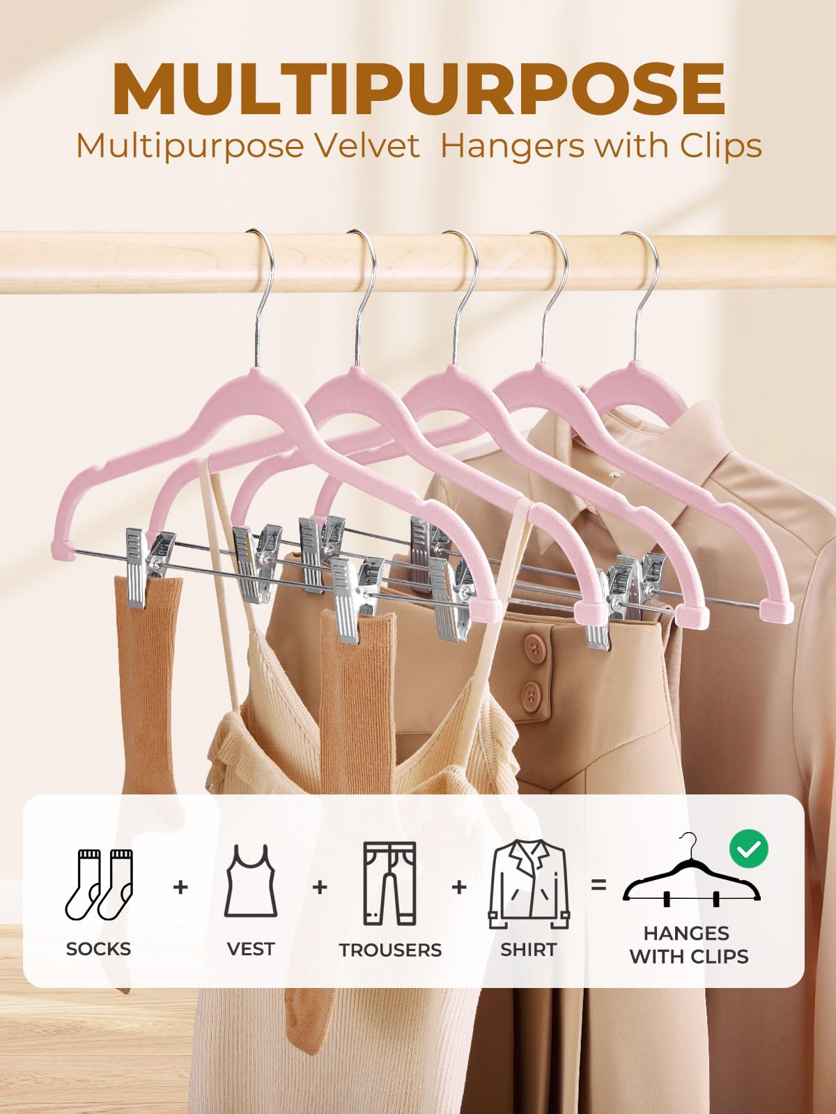 House Day Velvet Skirt Hangers 24 Pack, Pink Velvet Hangers With Adjustable Clips, Space Saving Slim Velvet Pant Hangers, Heavy
