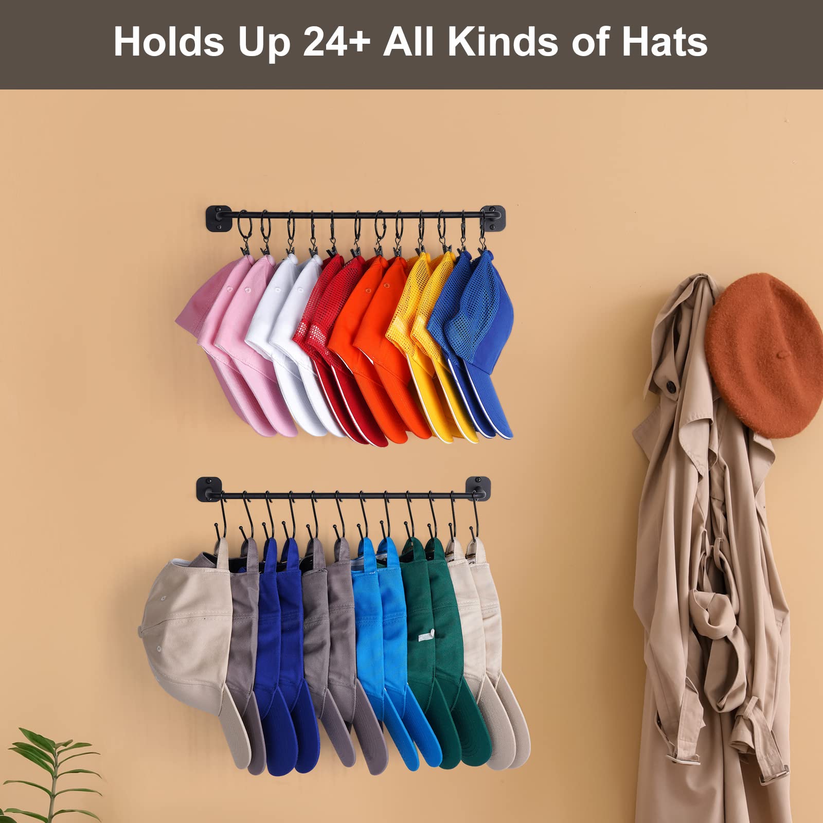 HYDERMUS Hat Rack for Wall 24 Baseball Caps  Modern Metal Hat Hook with 12 Clips and 12 Hooks Hat Holder Wall-Mounted Hat Hook Storage Display for Closet Bedroom Entryway Laundry  2 Pack Black