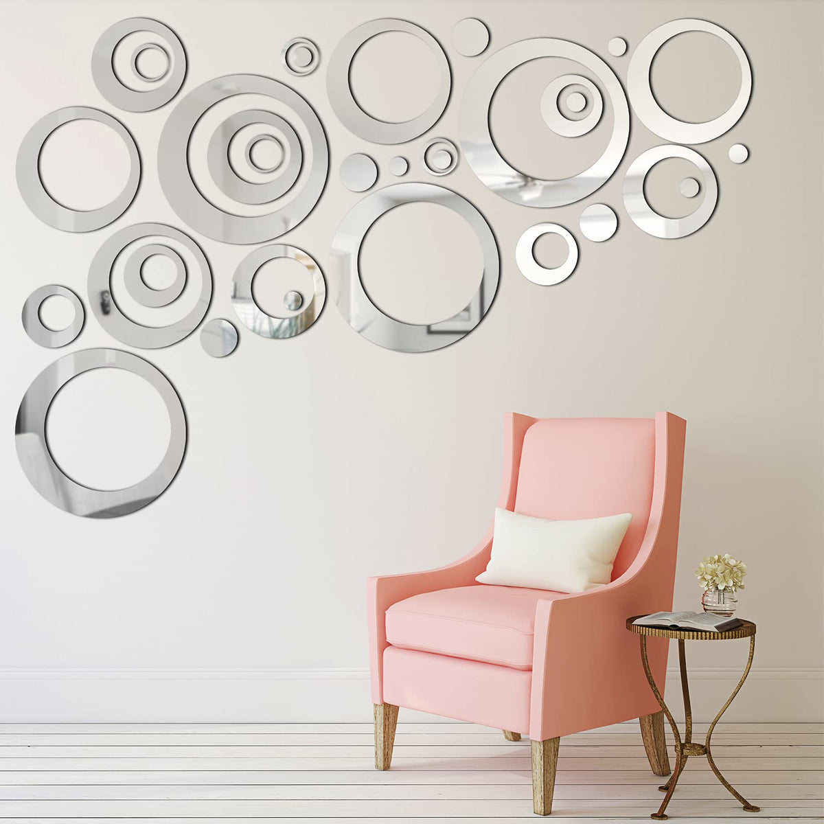 Removable Wall Mirror Sticker Decal Acrylic Setting For Home Living Room Bedroom Decor, 1.5-13.5 Cm, 32 Pieces (Silver)
