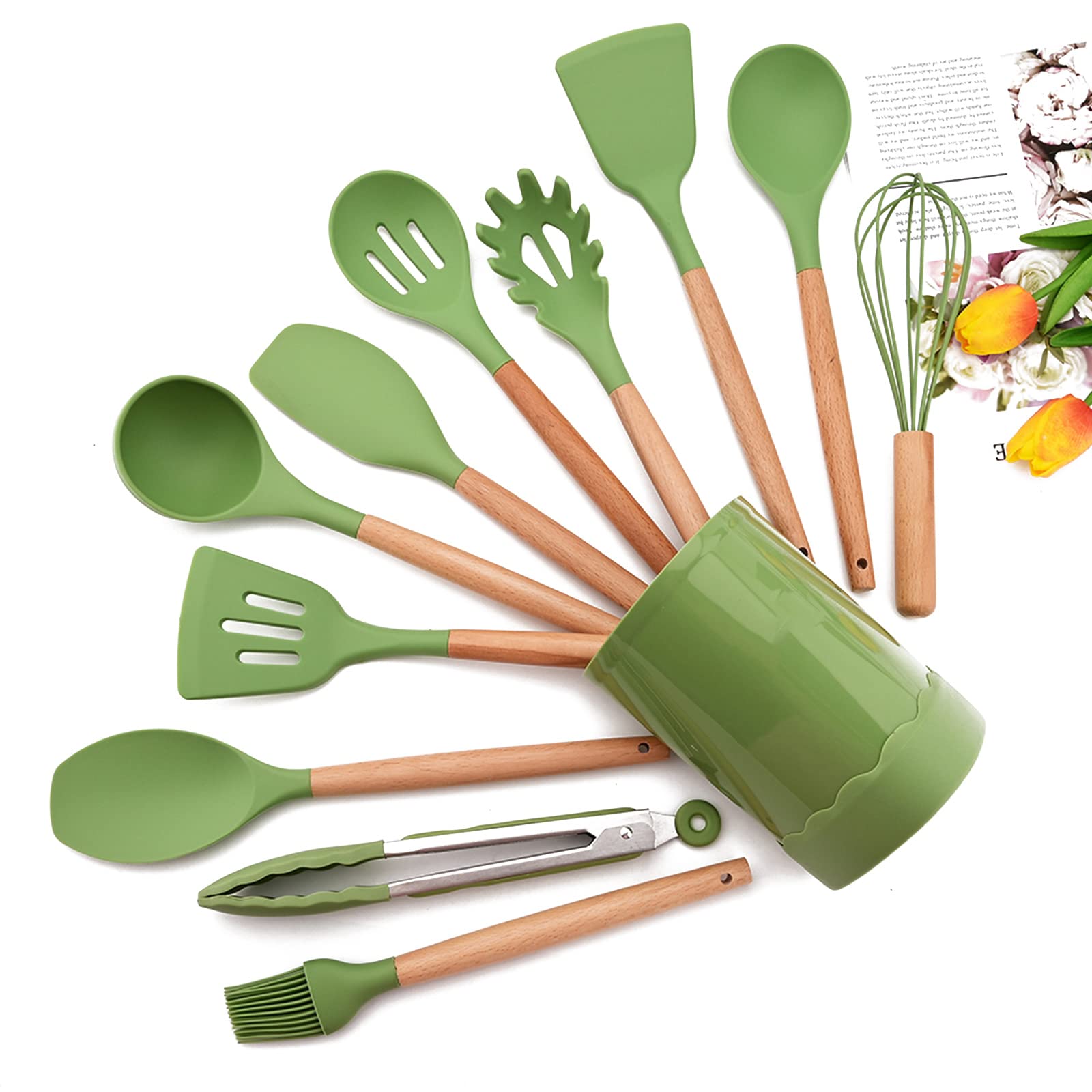 Briiec Avocado Green Silicone Cooking Utensil Set, 12Pcs Kitchen Utensils Heat Resistant Cooking Tools With Wooden Handle, Kitch