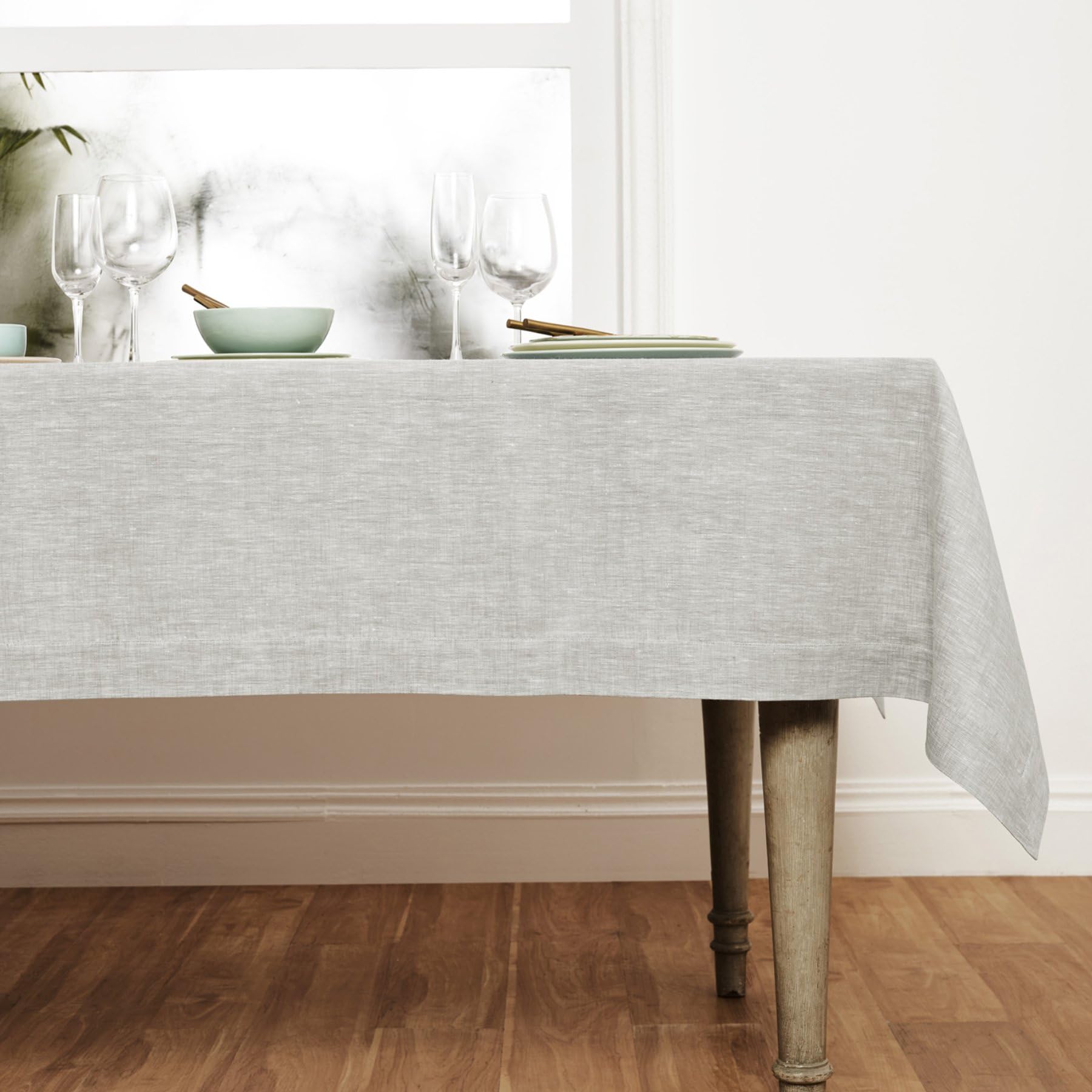 Solino Home Linen Tablecloth 60 X 90 Inch - 100% Pure Linen Oyster Grey Tablecloth - Machine Washable Rectangle Tablecloth For F