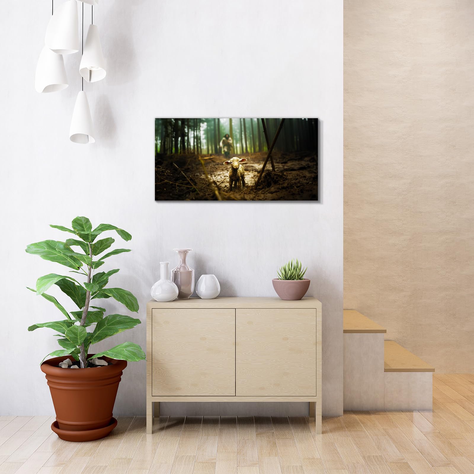Jesus And Lamb Canvas Wall Art 48''X24'' Jesus Running After Lost Lamb Picture Wall Art Canvas Print Christian Home Decor