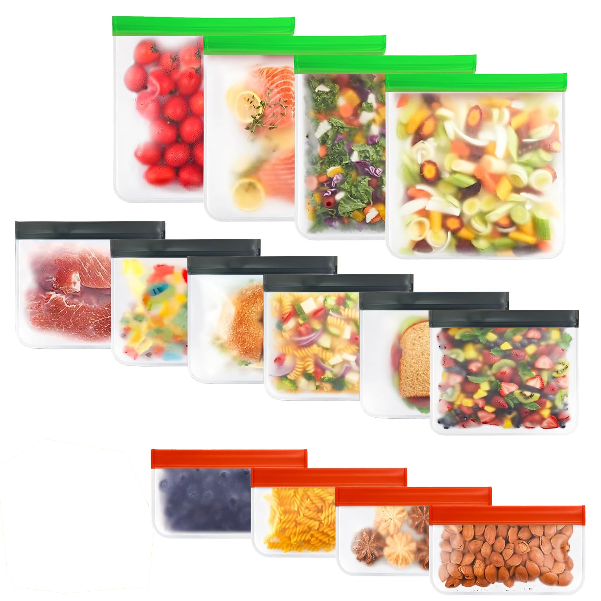14-Pack Reusable Ziplock Food Storage Bags - Bpa-Free, Leakproof Peva Bags Set With 4 Snack, 6 Sandwich & 4 Gallon Sizes - Extra