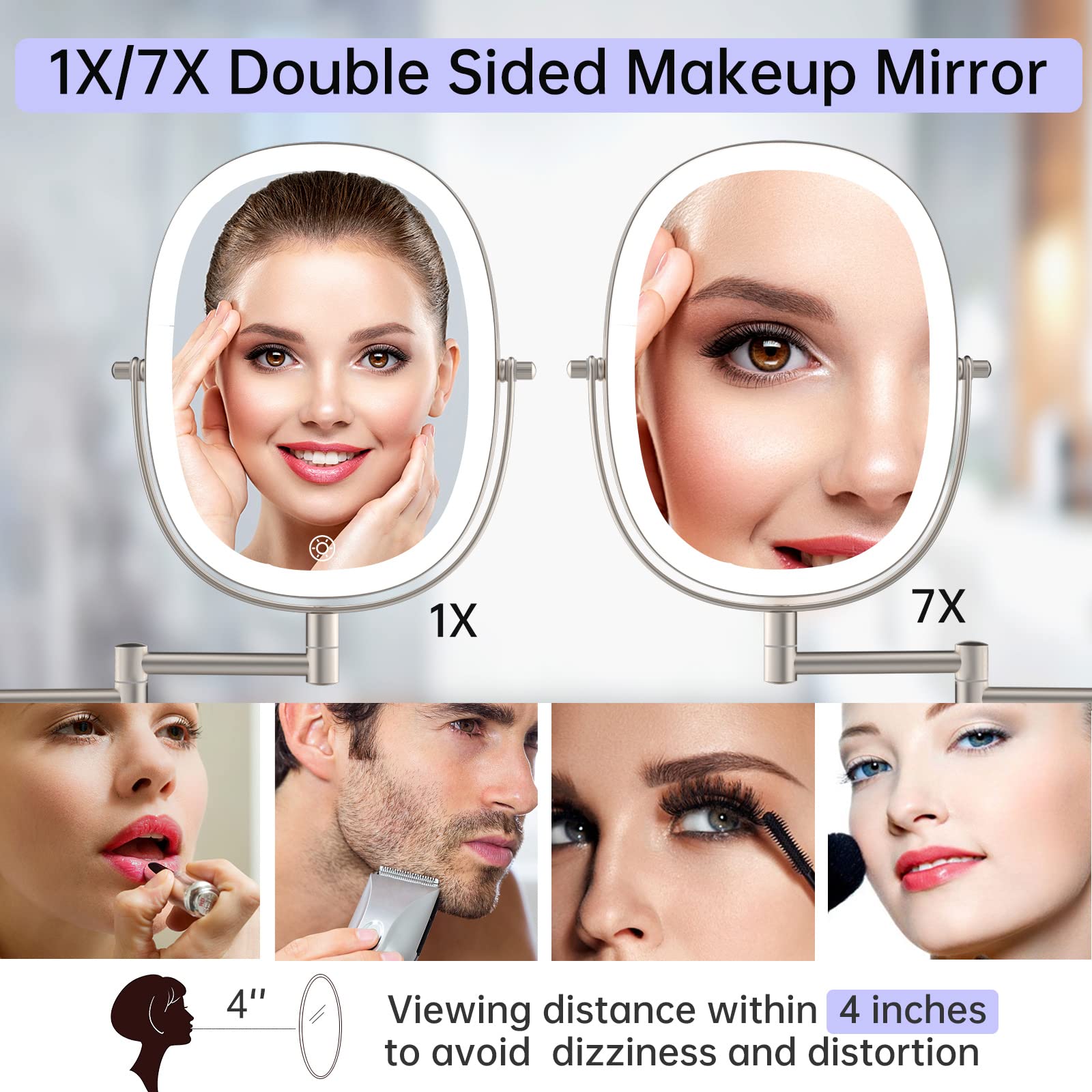 Lighted Wall Mounted Makeup Mirror, Double Sided 1X/7X Magnifying Mirror, 3 Color Lighting Option Dimmable, 360 Rotation Extensi