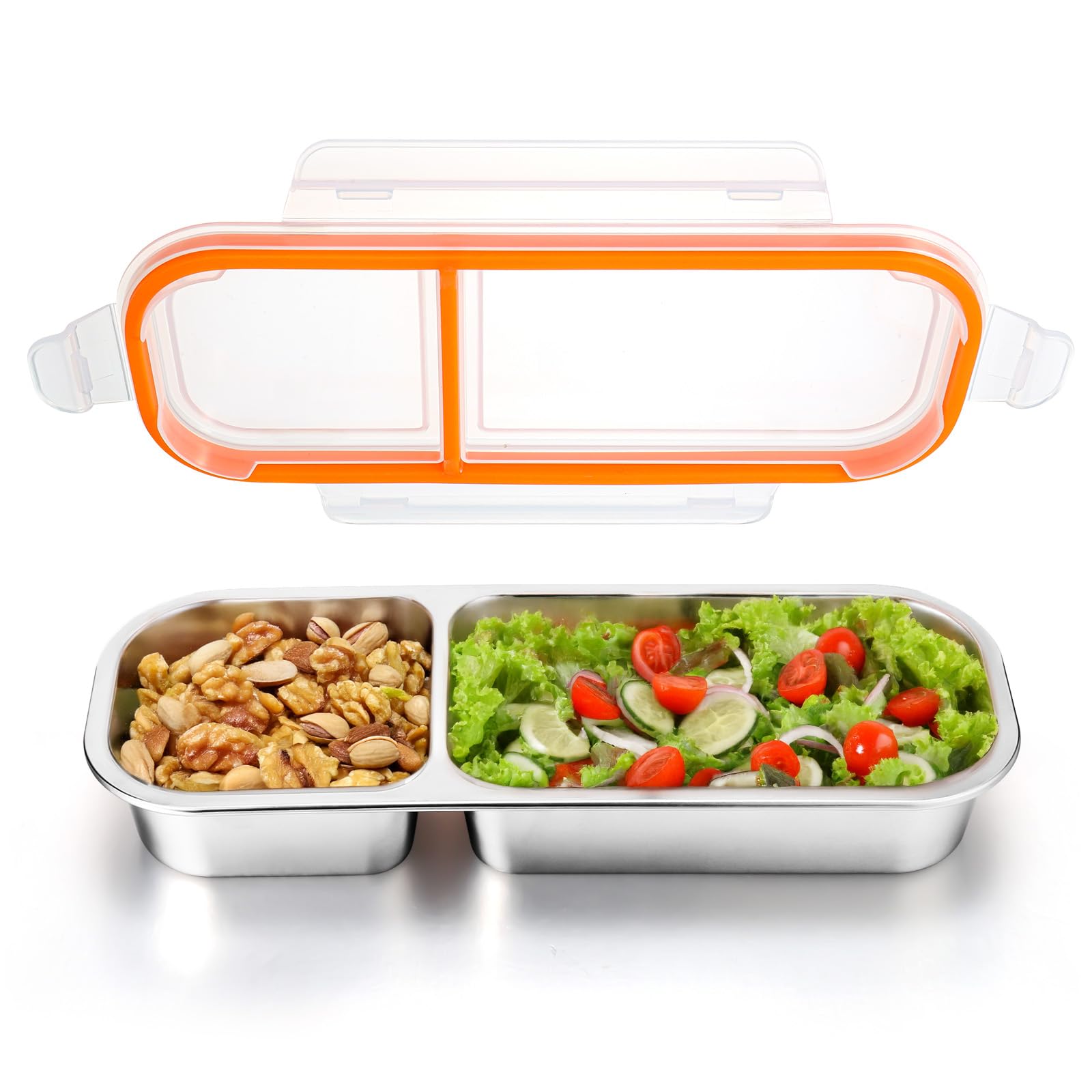 Palksky Stainless Steel Snack Containers, Reusable Condiment Box With Lids, Double Compartment Sauce Cups, Divided Food Storage 