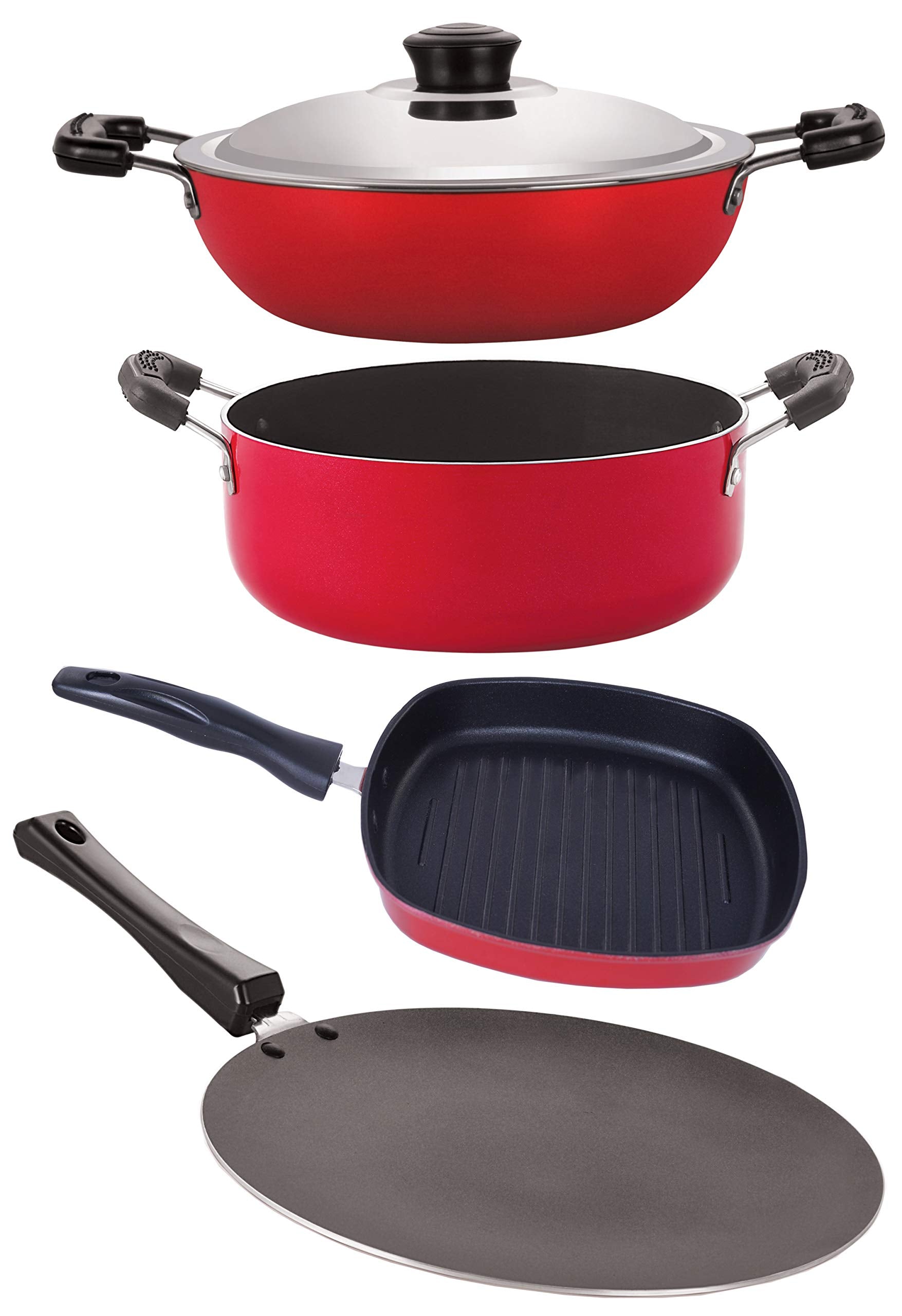 Nirlon Nonstick Coating Aluminium Heat Resistance Cookware Gift 4 Pieces Set Fer With Bakelite Handle For Superior Grip (Ct12_Dk