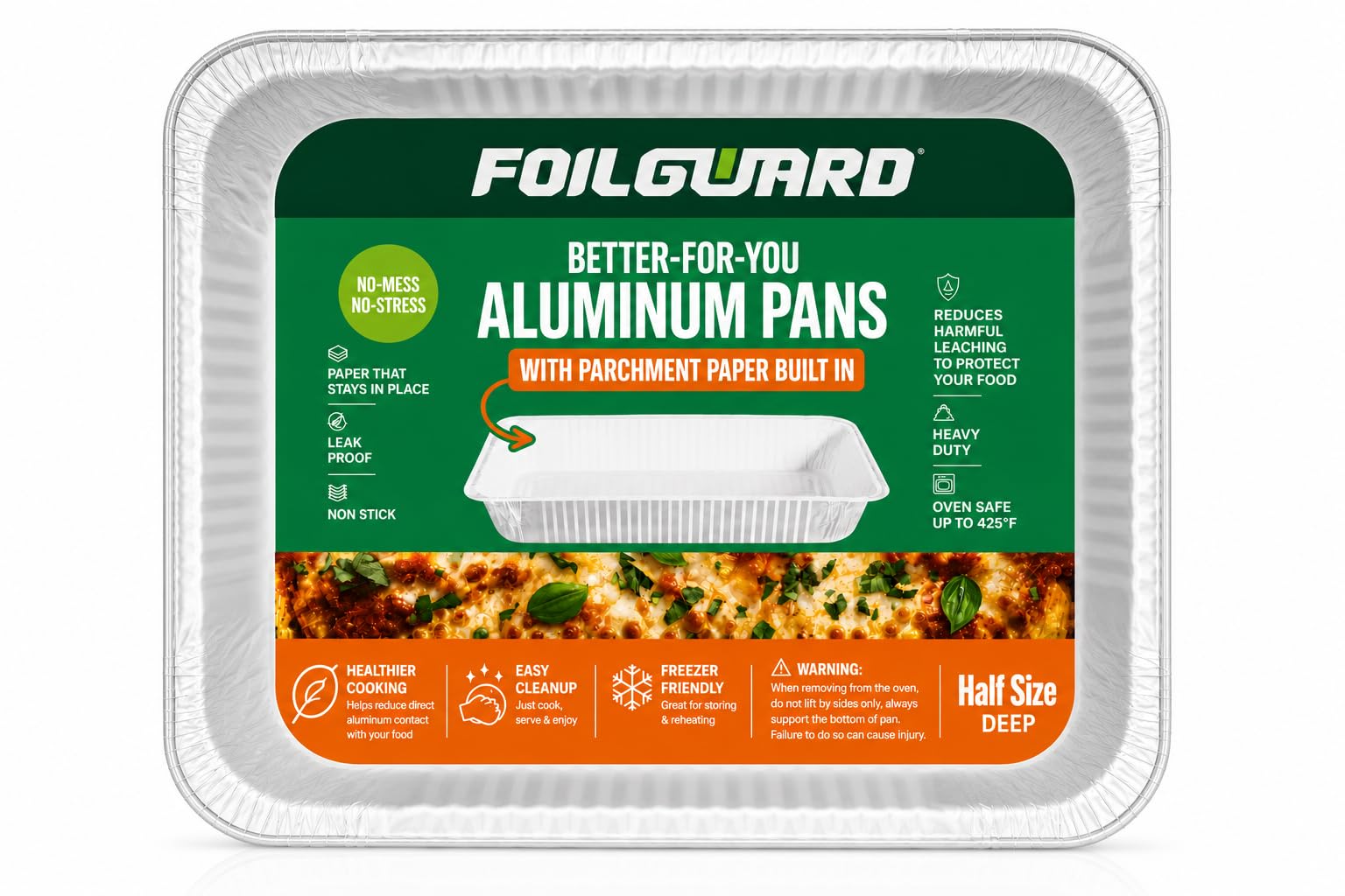 FoilGuard Heavy Duty Half Size Deep Disposable Aluminum Pan with Parchment Paper Built In