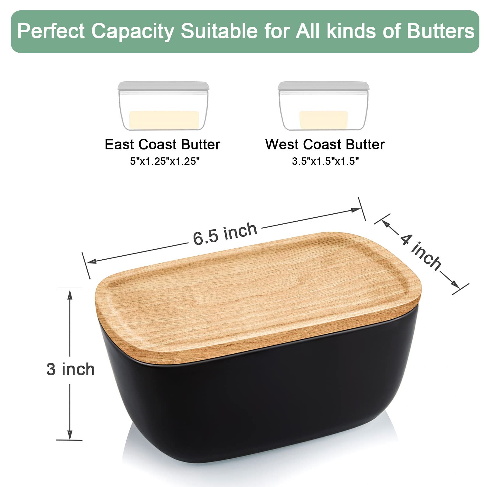 Butter Dish With Lid For Countertop - Alelion Ceramic Butter Container With Airtight Wooden Lid - Black Butter Keeper Crock For