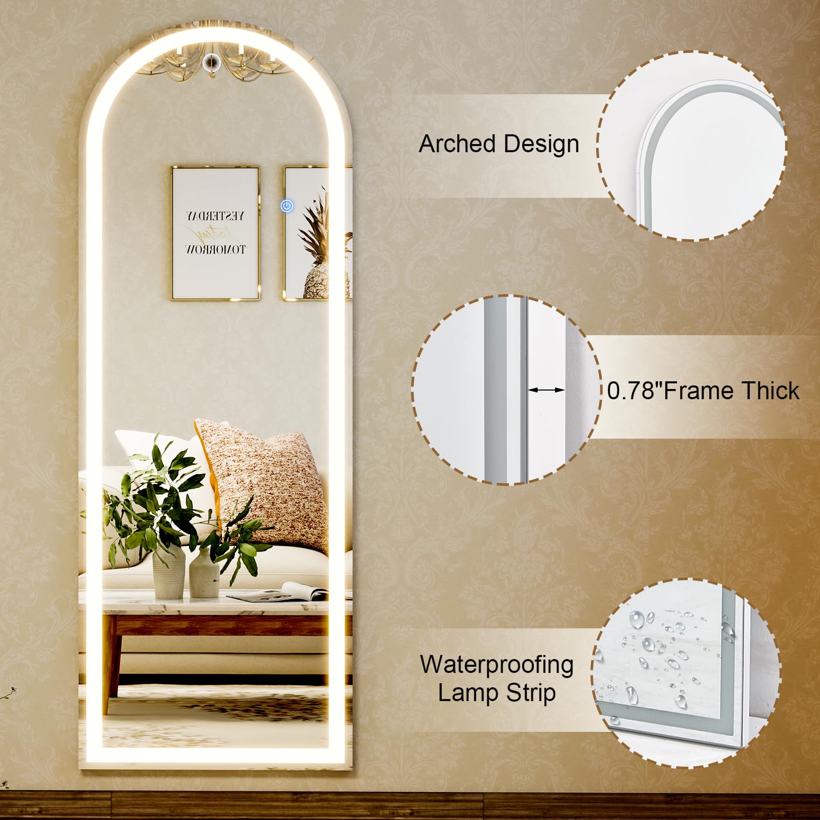 GLSLAND 20x56 Arched LED Full Length Mirror with Lights - Wall Mounted or Standing Full Body Mirror for Bedroom/Cloakroom - Dimm