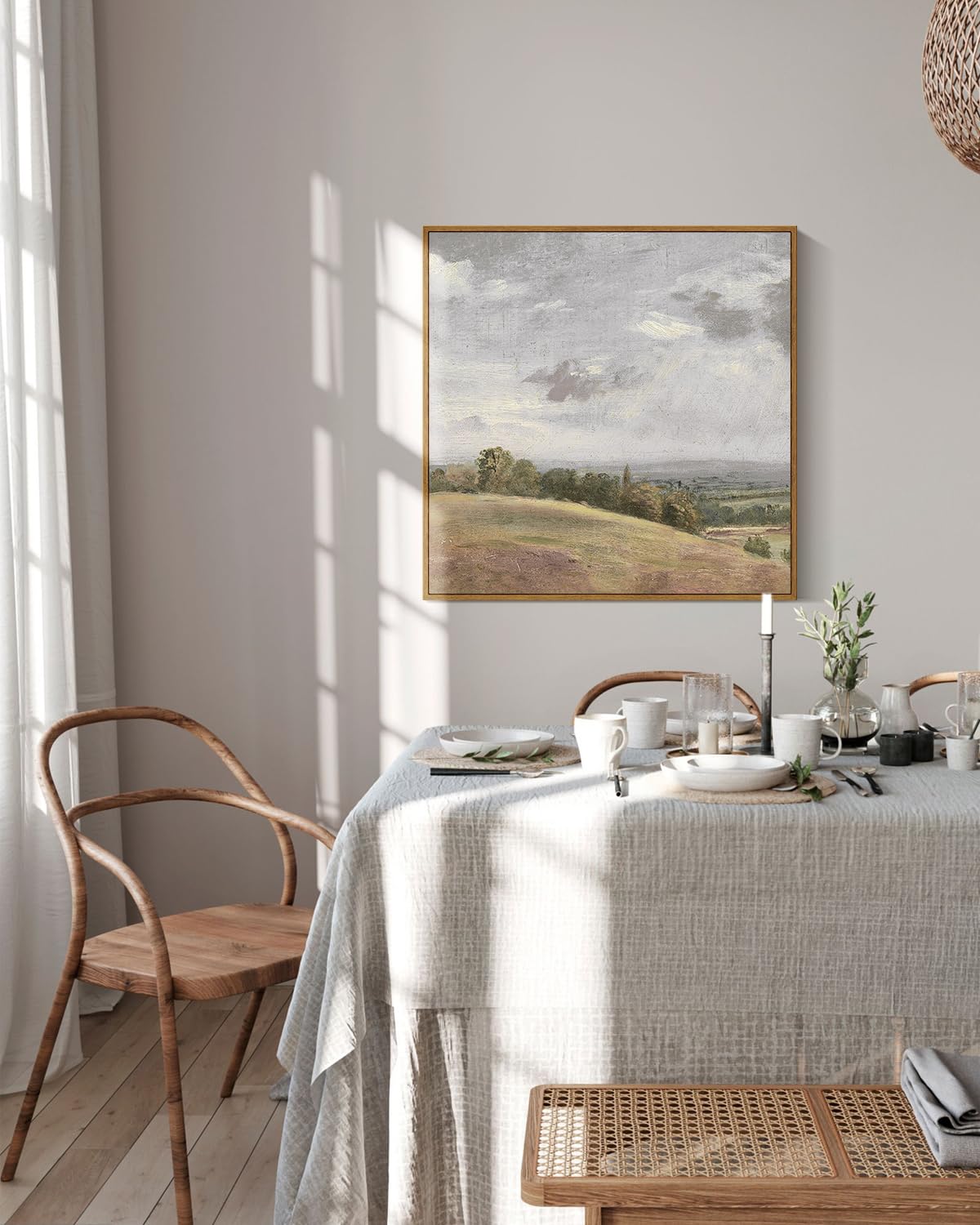Insimsea Square Framed Canvas Wall Art, Farmhouse Nature Scenery Sky Clouds Valley Grassland Wall Art Prints, Classical Retro Pa