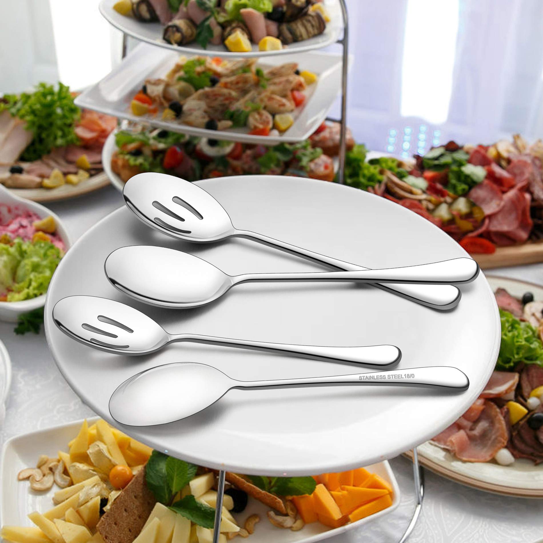 Lianyu Large Serving Spoons And Forks Set Of 12, Stainless Steel Buffet Catering Dinner Party Slotted Serving Spoon Fork, 9.8 In