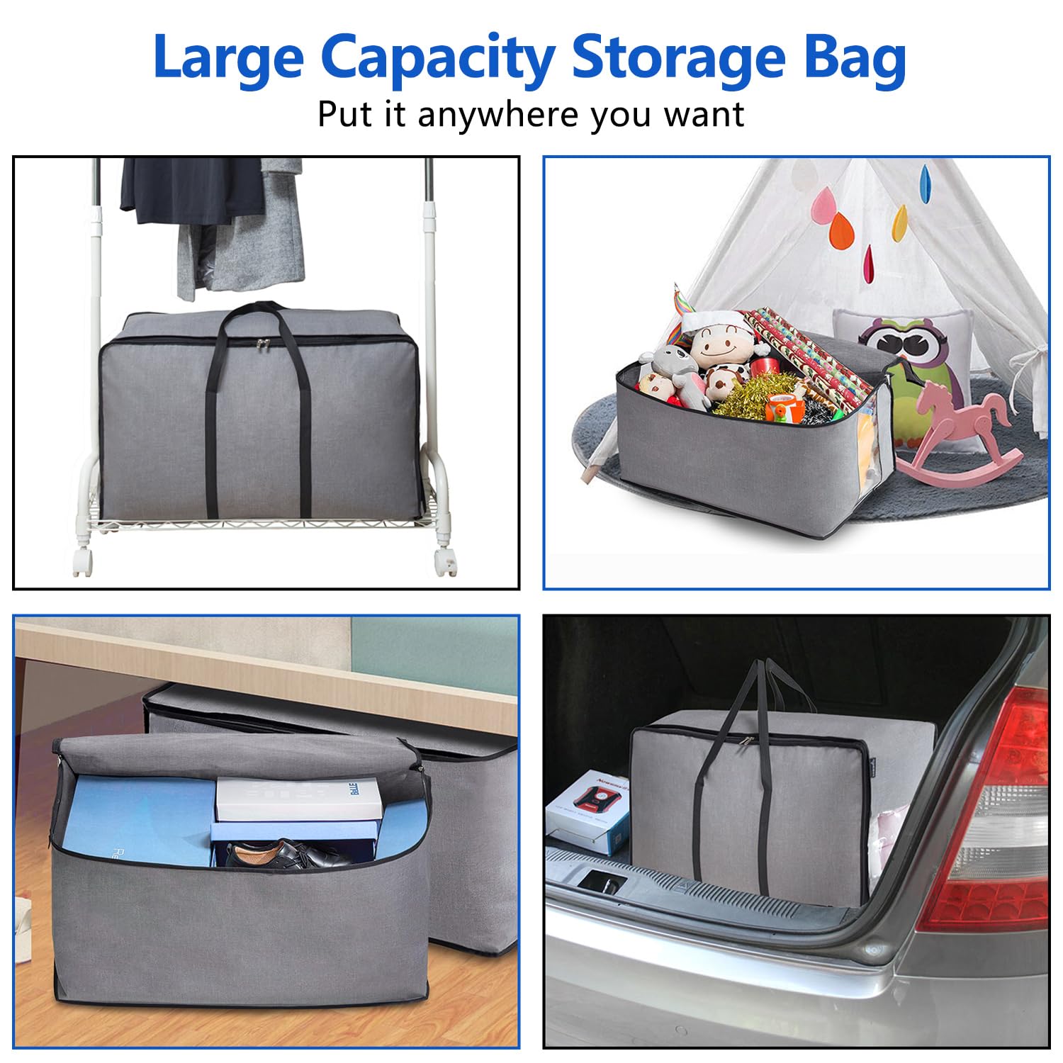 MISSLO Thick Over Size Storage Bag, Folding Organizer Bag, Under Bed Storage, College Carrying Bag for Bedding Comforters, Blank