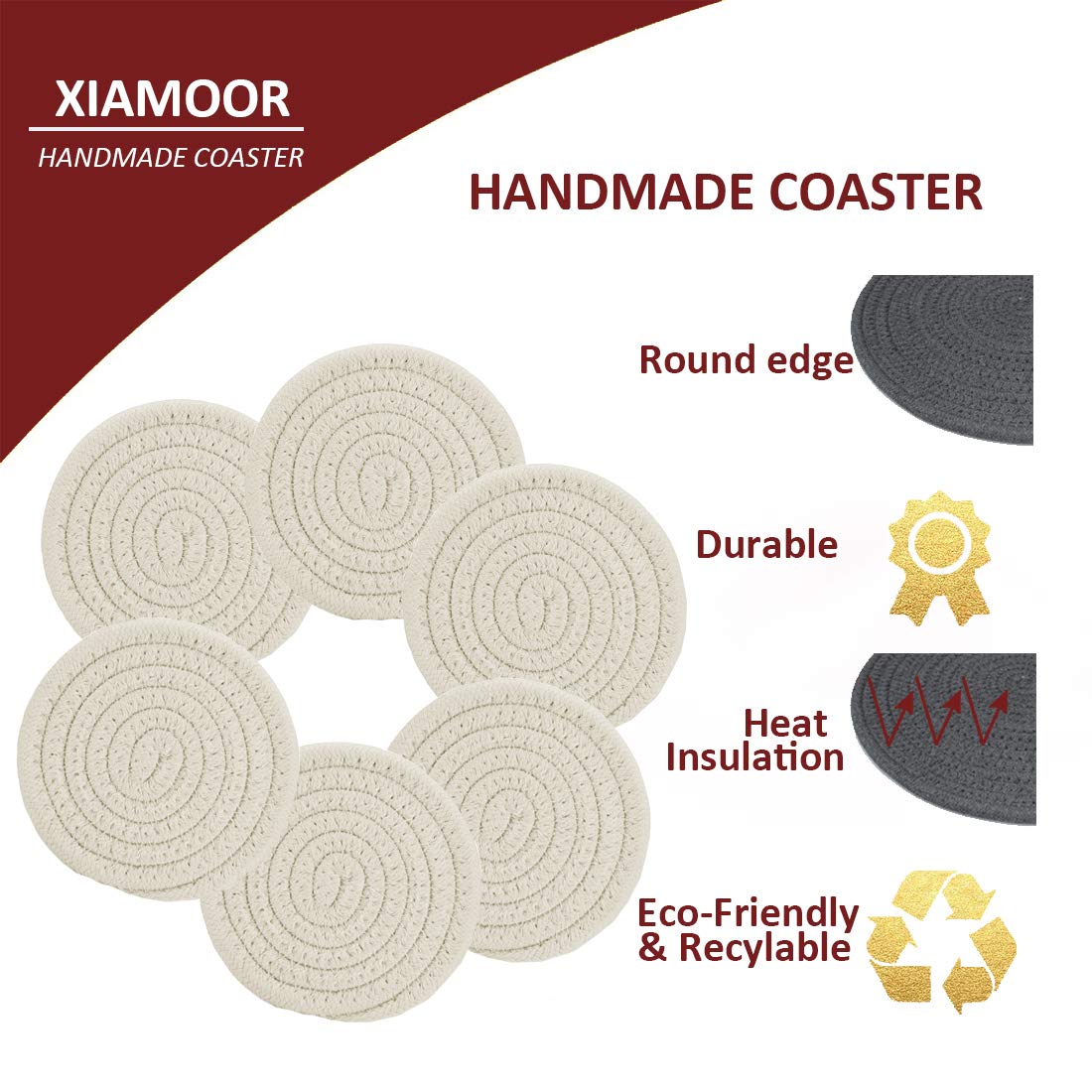 Absorbent Drink Coasters Handmade Braided Drink Coasters 6 Pack (4.3 Inch  Round  8mm Thick) Super Absorbent Heat-Resistant Coasters for Drinks Great Housewarming Gift (Beige  6 Pack)
