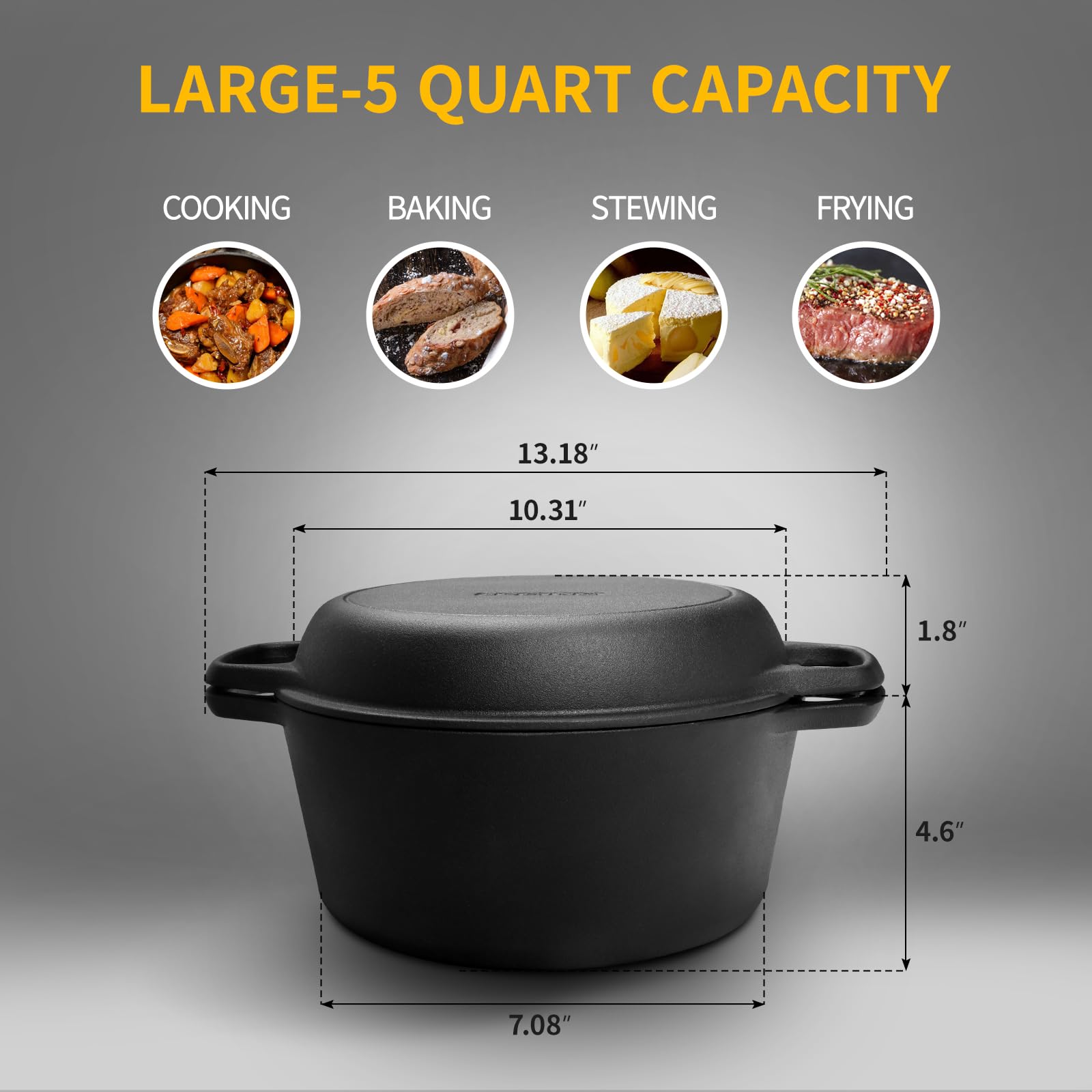 Edging Casting 2-In-1 Pre-Seasoned Cast Iron Dutch Oven Pot With Skillet Lid Cooking Pan, Cast Iron Skillet Cookware Pan Set Wit