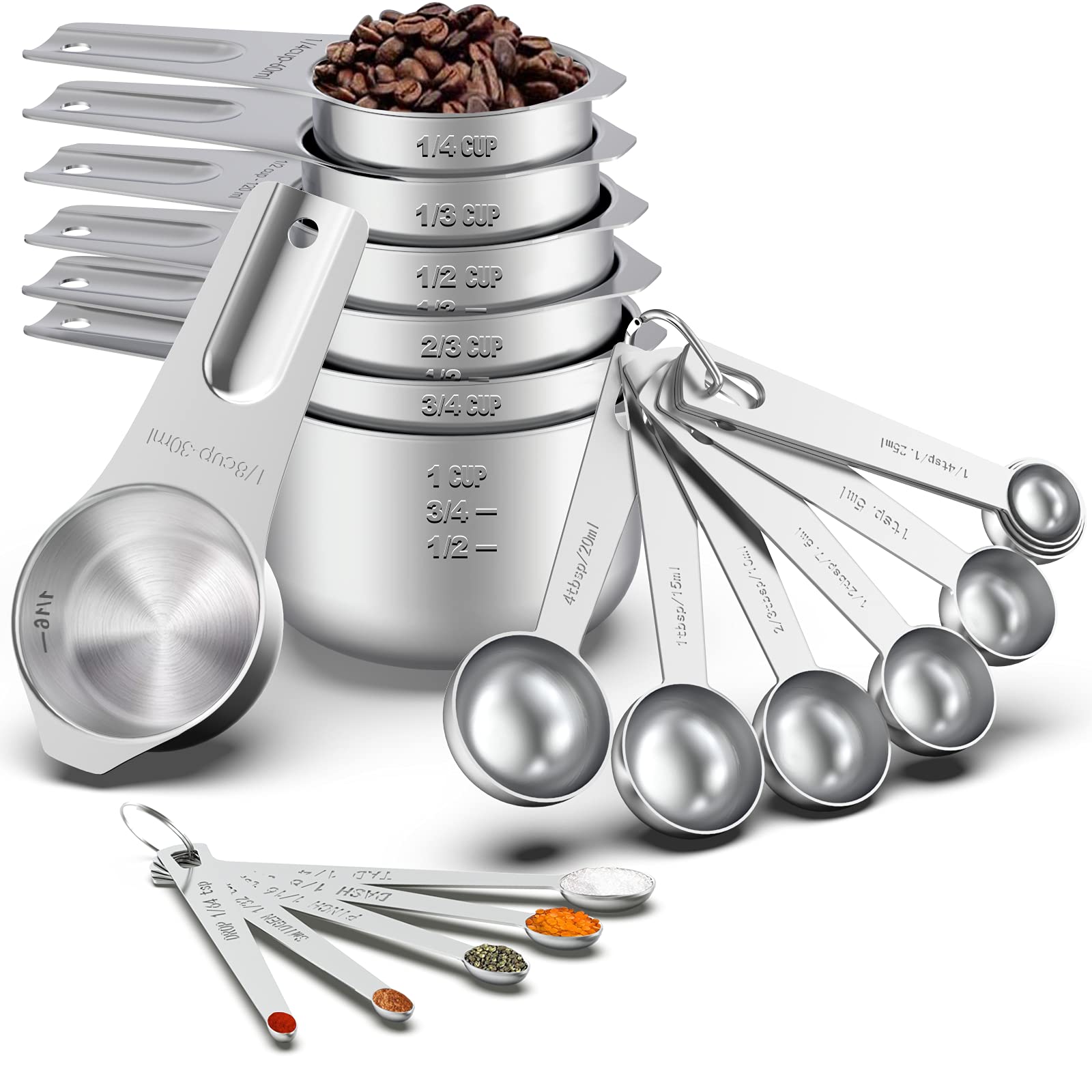 21 Pcs Stainless Steel Measuring Cups And Spoons Set, Wildone Stackable Metal Measuring Cups And Spoons For Cooking & Baking, In