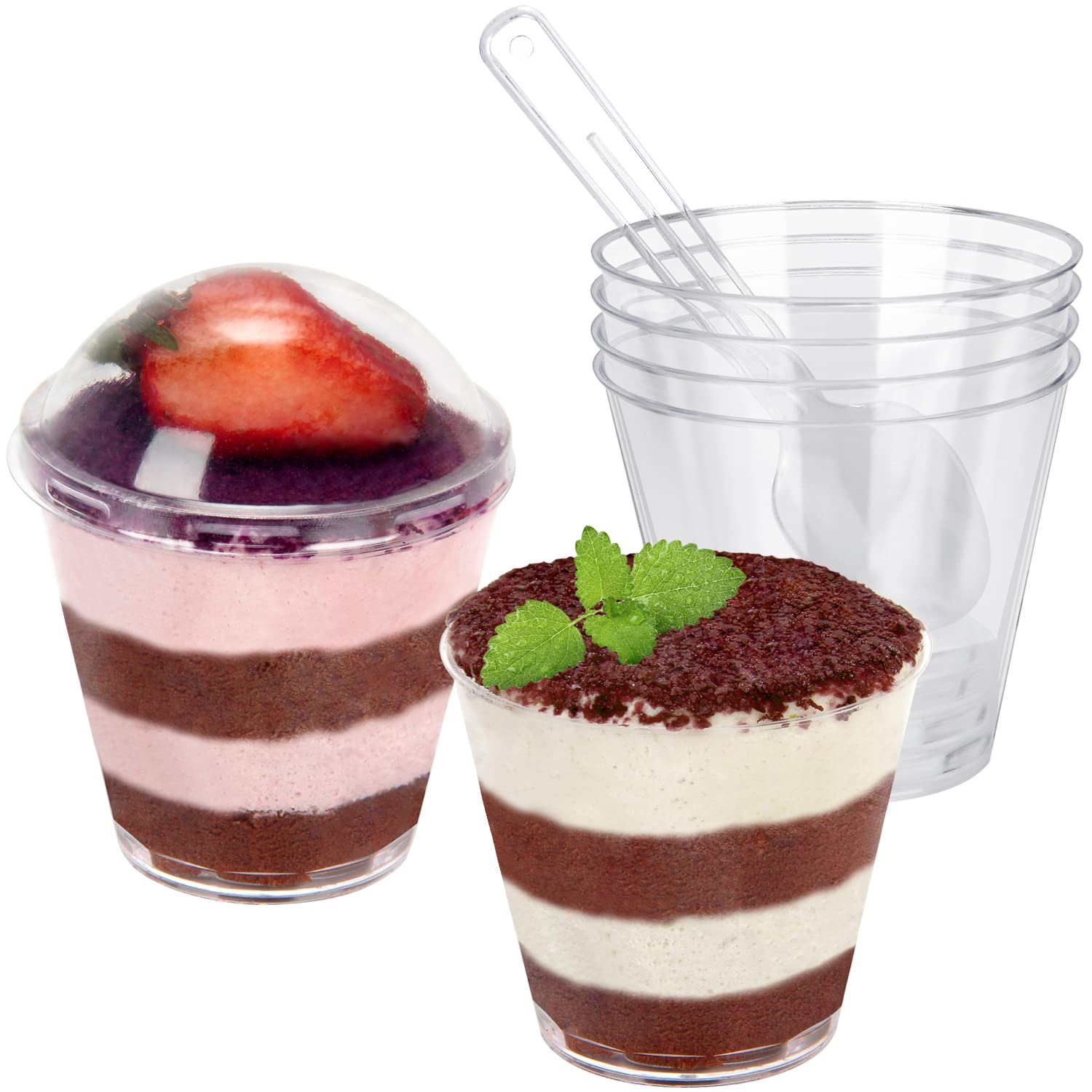 Hawhawtoys Dessert Cups With Dome Lids And Spoons, 100 Pack 3.3 Oz Round Mini Plastic Parfait Cups For Party Individual Desserts