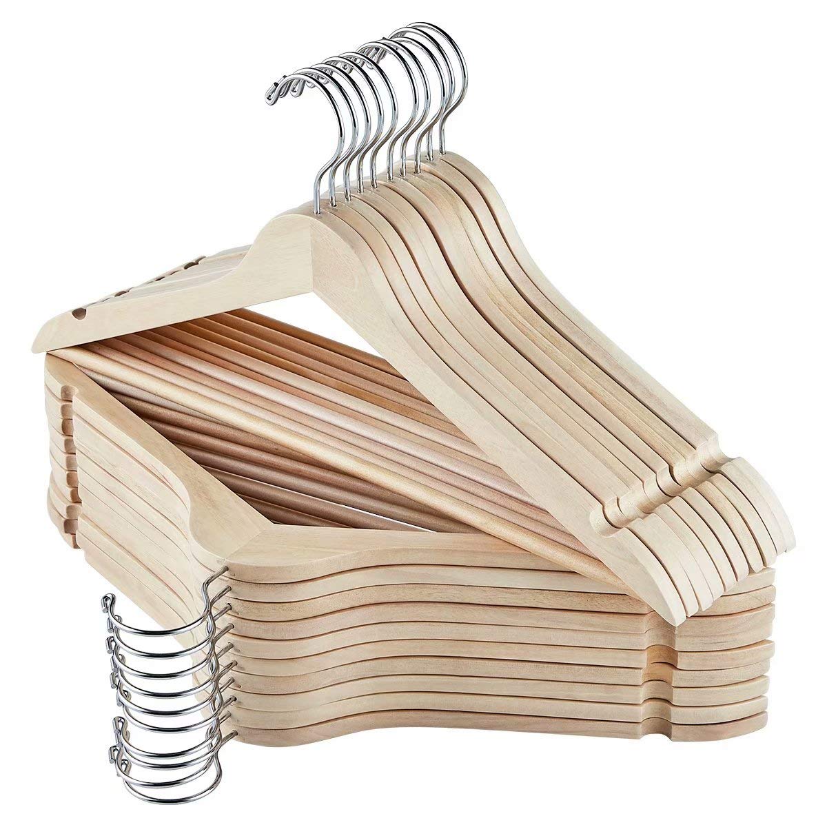Elong Home Wooden Hangers, 20 Pack Wood Hangers With Extra Smooth Finish, Precisely Cut Notches And Chrome Swivel Hook, Wooden C