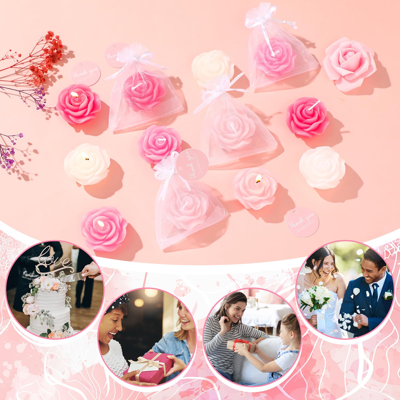 Treela 50 Set Flower Candles Wedding Favor for Guests Mini Pink Rose Shaped Tealight Candles for Return Gift Wedding Birthday Br