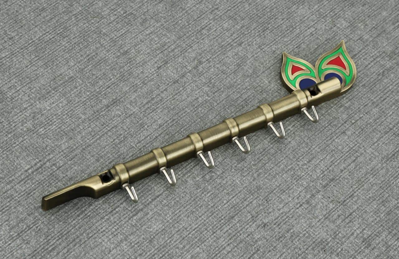 Indeed Lord Krishna Key Holder & Hanger with Diamond, Metal Peacock Flute Key Stand with 6 Hook Wall Mount, Home Decor Gift (Bra