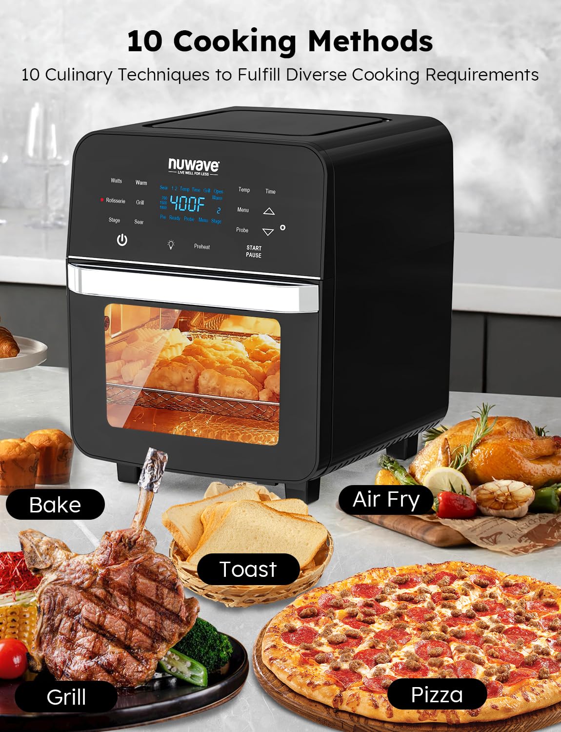 Nuwave Brio Air Fryer Oven, 15.5Qt, X-Large, Stainless Steel, Black, with Rotisserie Basket, Smart Thermometer, Non-Stick Grill Plate