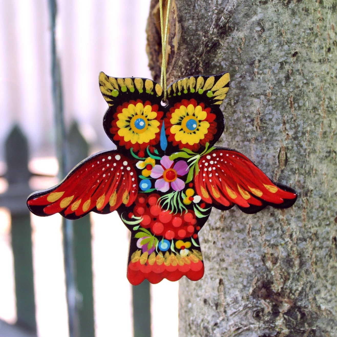Christmas Tree Ornament Owl Made of Wood 4,7 ? 3,7 ? 0,2 Inch Colorful Hand-painted on both sides according to Ukrainian Traditi