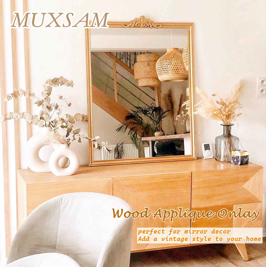 MUXSAM Long Wood Carved Appliques Onlays  4-Pack Unpainted Decorative Corner Carving Decals Set for Wall Door Cabinet Mirror Closet Wardrobe Dresser Mantel Staircase DIY Project  40x11cm/15.75''x4.33''