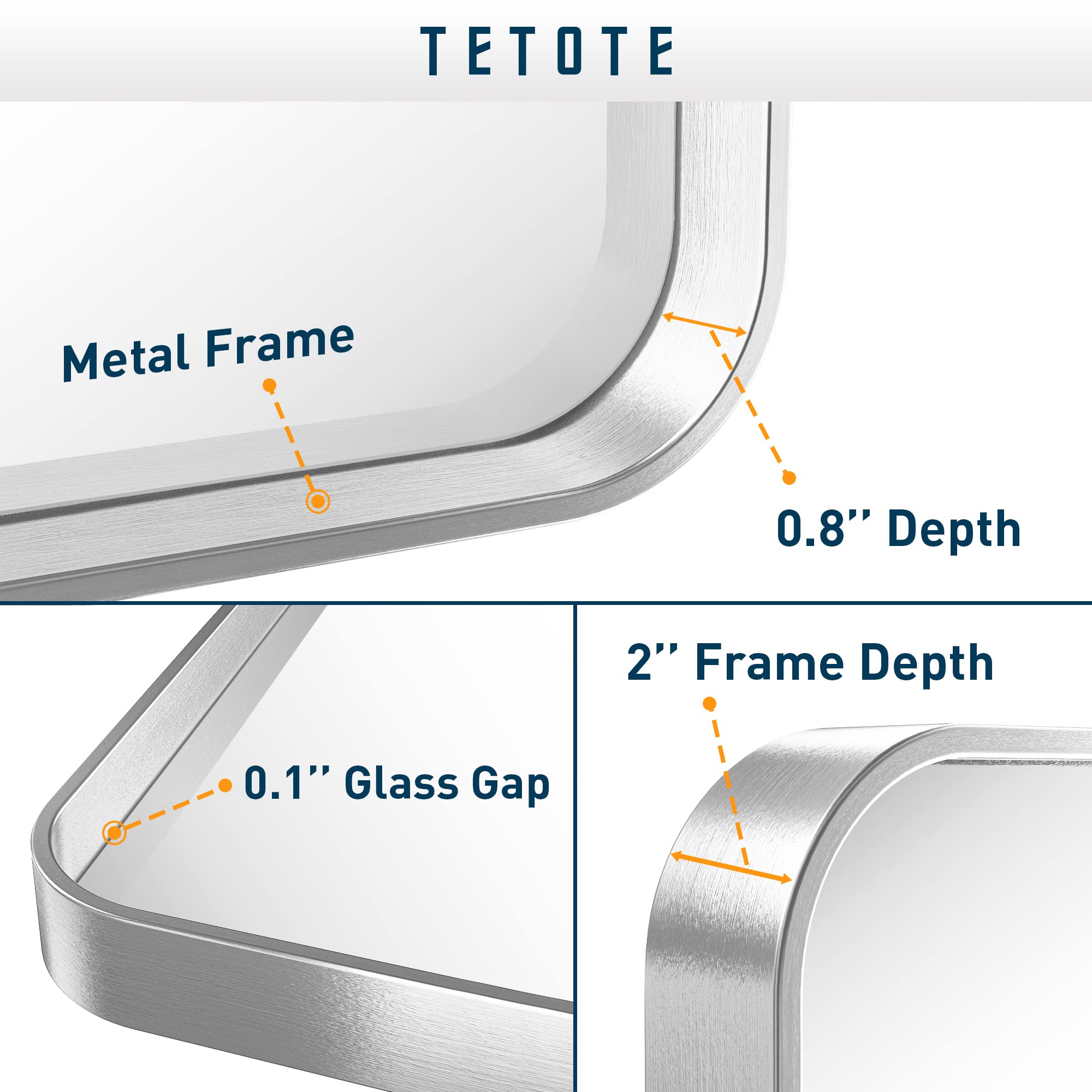 Tetote 60 X 30 Inch Silver Vanity Mirror, Brushed Nickel Rectangle Metal Framed Modern Mirrors For Bathroom, Farmhouse Round Cor