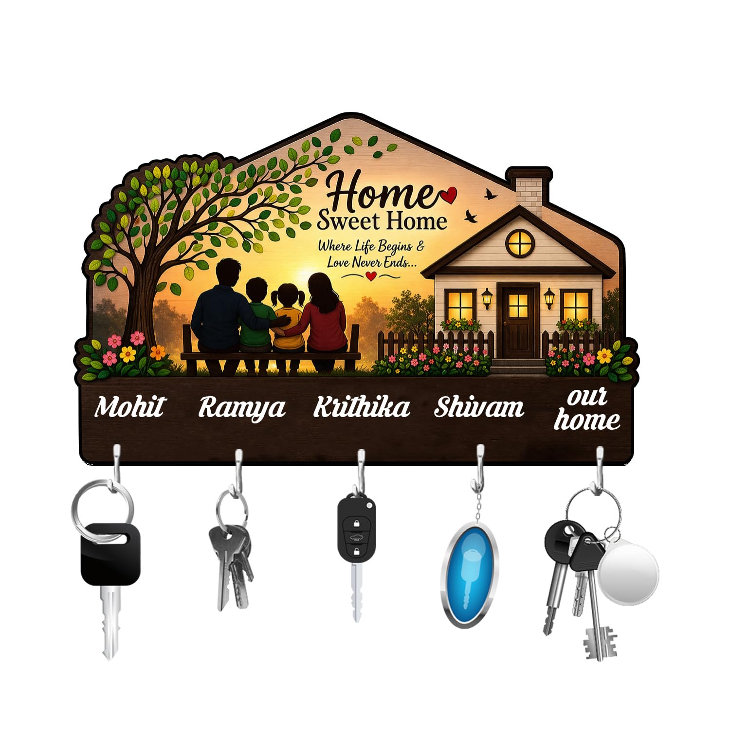 GIFTMEBAZAR Personalized Happy Family Theme Key Holder with 5 Hooks for Wall | Housewarming Gift for New Home | Home Entrance De