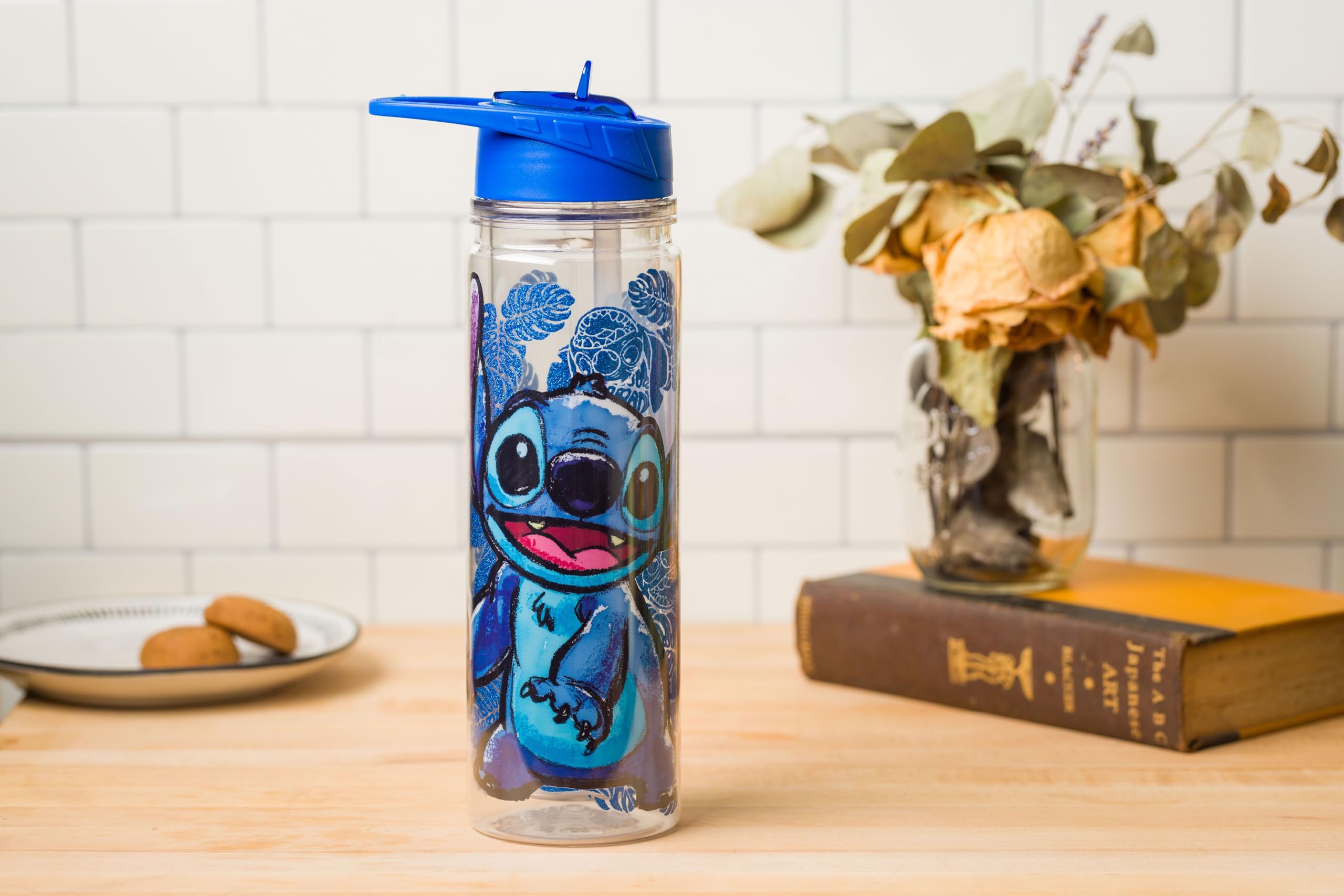 Silver Buffalo Lilo and Stitch Floral Sketch Glitter Double Walled Tritan Water Bottle  18-Ounce