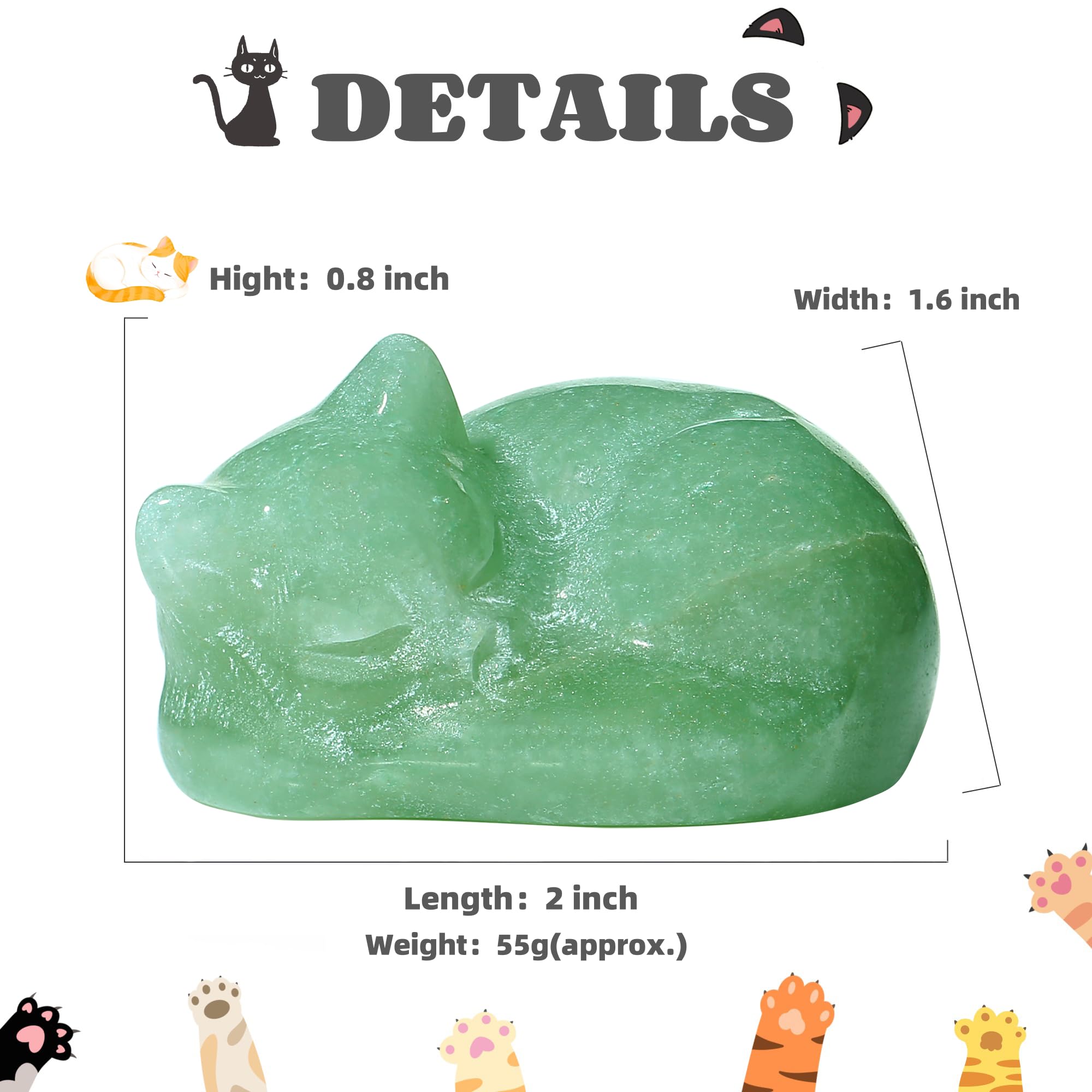 YATOJUZI 2 Cat Decors Statues Green Aventurine Crystals Sleeping Cats Gemstone Hand-Carved Cute Animal Statue Figurine Home Offi