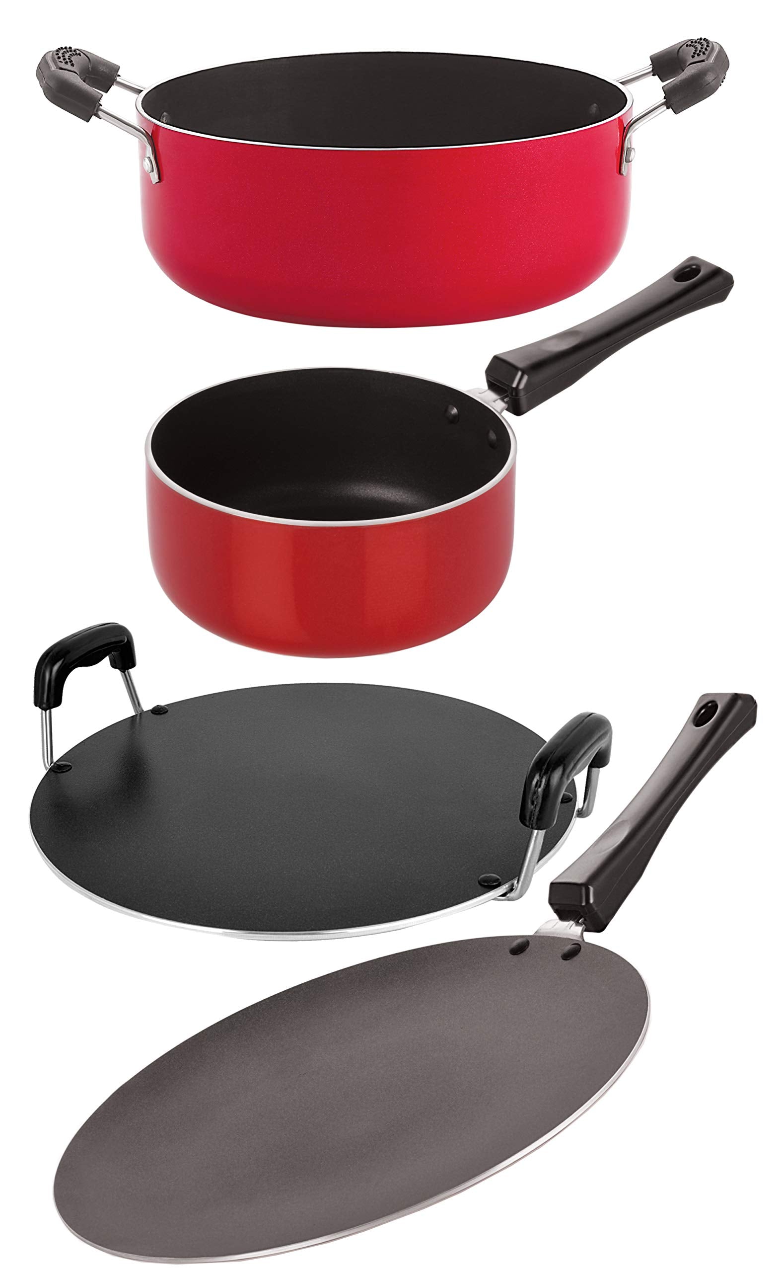 Nirlon Dishwasher Safe Nonstick Cookware Pots And Pans 4 Pieces Set, Red (1 Concave Tawa 27.5Cm /1 Sauce Pan (B)1.8 Ltr/1 Round 