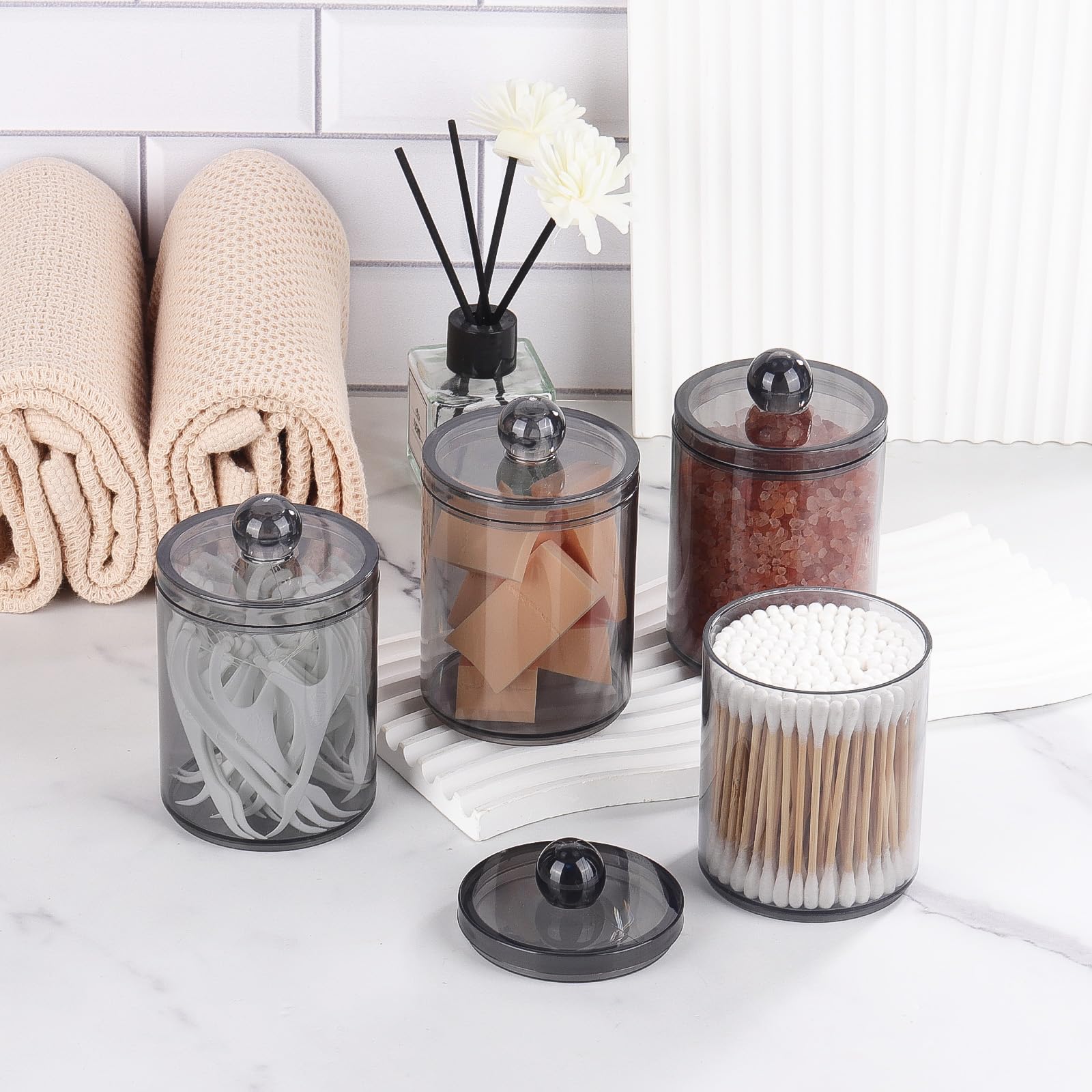 Tbestmax 6 Pack 10Oz Qtip Holder Dispenser Plastic Restroom Bathroom Canister Storage Organization Black Apothecary Jars With Li